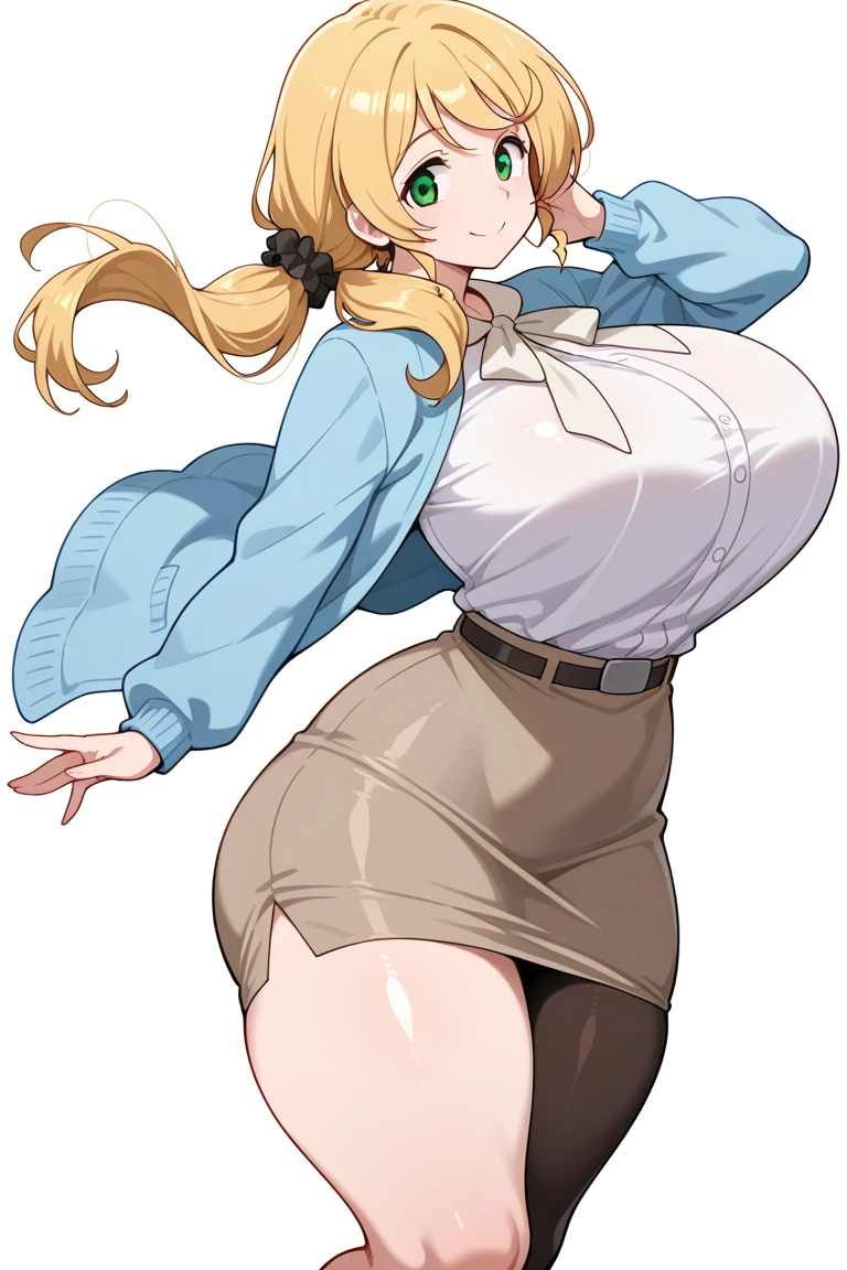 (masterpiece, best quality:1.3), Rizdraws, Thin Lineart, Soft Lineart, Film Grain, Soft Shading, 1girl, solo, looking at viewer, huge breasts, mature female, blonde hair, full body, cowboy shot, :o, (light brown eyes), lucy heartfilia, long hair, white shirt, sleeveless, belt, blue skirt, midriff, wide hips, small ??? grabbing her butt