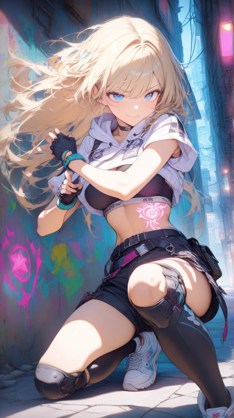 The Genshin Impact, masterpiece, best quality, 1 Girl, , ,only, Crop Top, Shorts Jeans, Necklace, (Graffiti:1.5), Splash with purple lightning pattern., Arms behind your back, Against the wall, View from the front., Thigh straps, Head tilt, boring, Water Eye,Kneel down,Legs apart,Camel toe