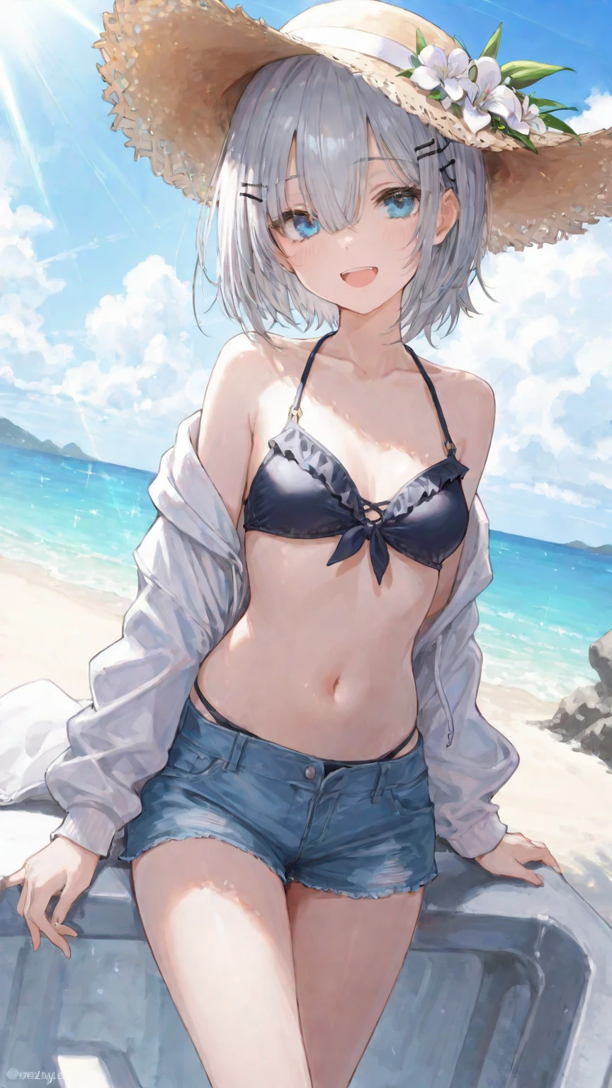 1girl, , ocean, bikini, urine, seagull, flat chest, white hair, high quality, high resolution, dull hair, blue eyes