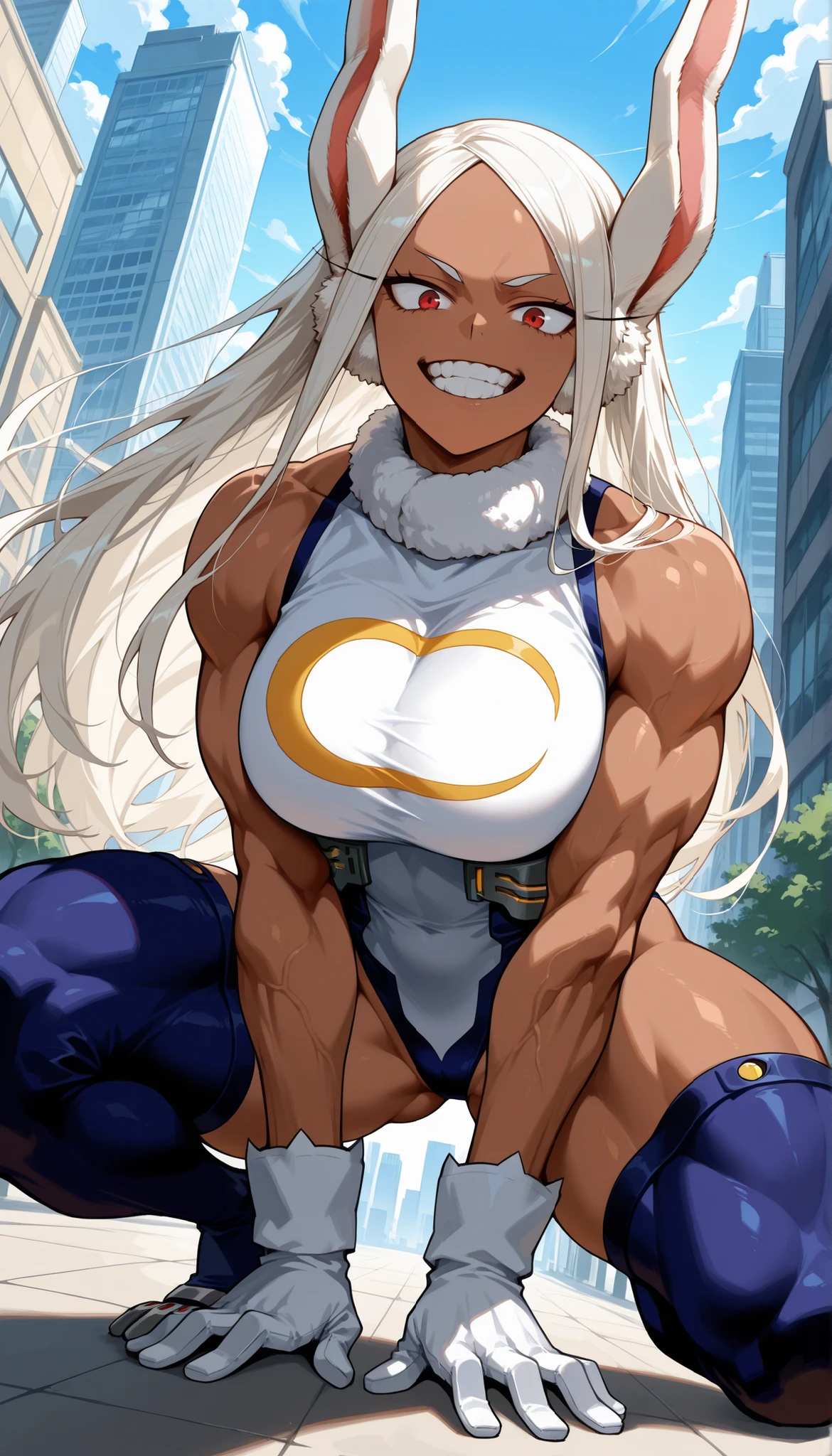 score_9, score_8_up, score_7_up, source_anime,
mirko,
rumi usagiyama, long hair, animal ears, white hair, dark skin, rabbit ears, dark-skinned female, rabbit girl, red eyes, parted bangs, fighting stance, bending down her body like animal, showing her teeth, both hands on ground
thighhighs, gloves, sleeveless, white gloves, leotard, turtleneck, highleg, highleg leotard, fur collar, sleeveless turtleneck, turtleneck leotard, sleeveless turtleneck leotard, crescent print, huge breasts, thick muscular thighs, hour glass figure
outdoors, cityscape,
looking at viewer, from below, dynamic angle