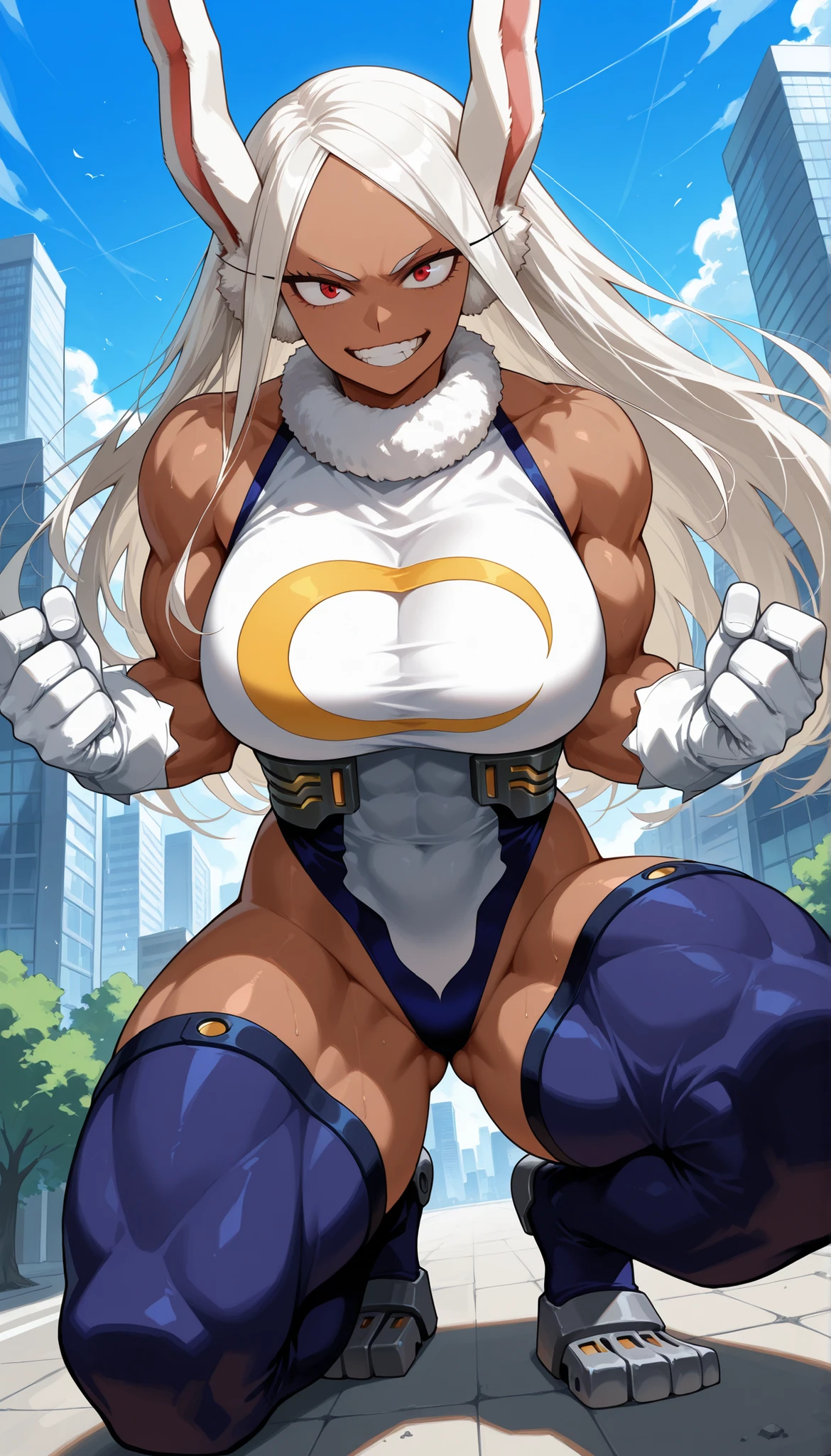 High quality, best rendering), (Beautiful Woman, Mirko, My Hero Academia), muscular body, thick muscular legs, big breasts, silver hair, long straight hair, Sanpaku eyes, ears become long rabbit ears, elaborate hair, around the city, one leg raised and kicked up, psychopath, crazy face, glaring at viewers, grinning mouth, white and blue edging leotard, center, scales to dimensions, camel toes,