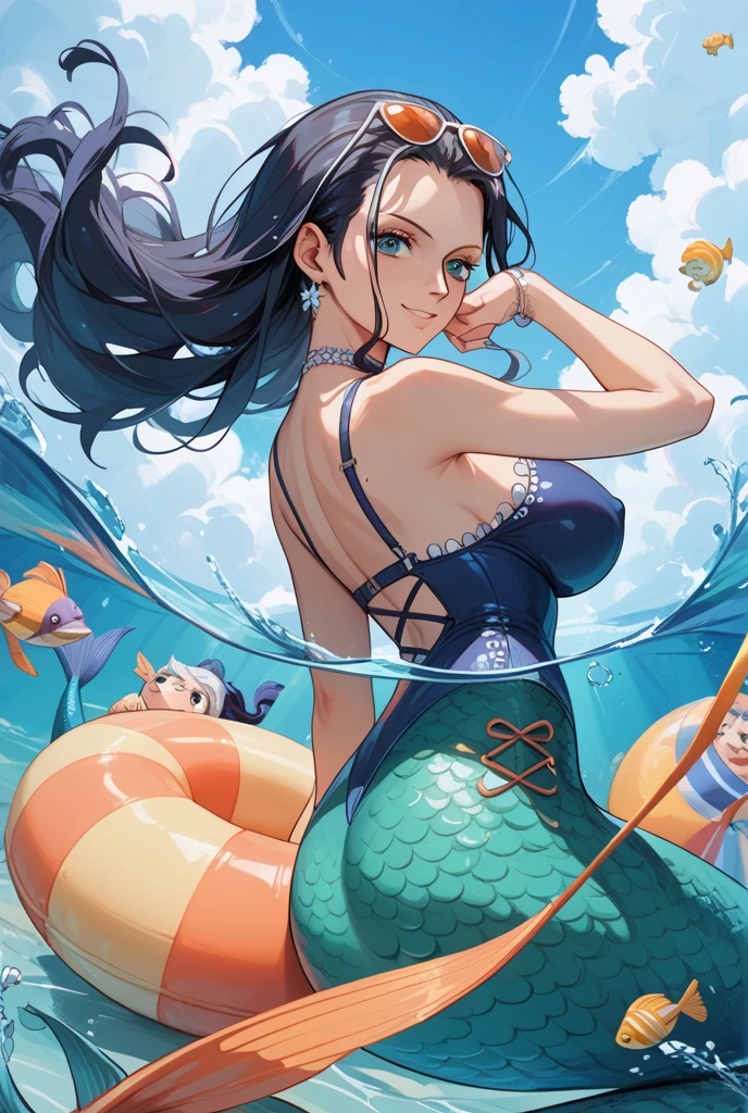 <lora:Mermaid:0.6> mermaid, underwater,, ultra detailed, masterpiece, best quality, aesthetic, detailed,, solo, smile, 1girl, aqua eyes, black hair, <lora:low_ponytail-1.0:0.8> low ponytail, ahoge, absurdly long hair, very long hair, hair flaps, hair between eyes, bangs, messy hair, small breasts, goggles on head,