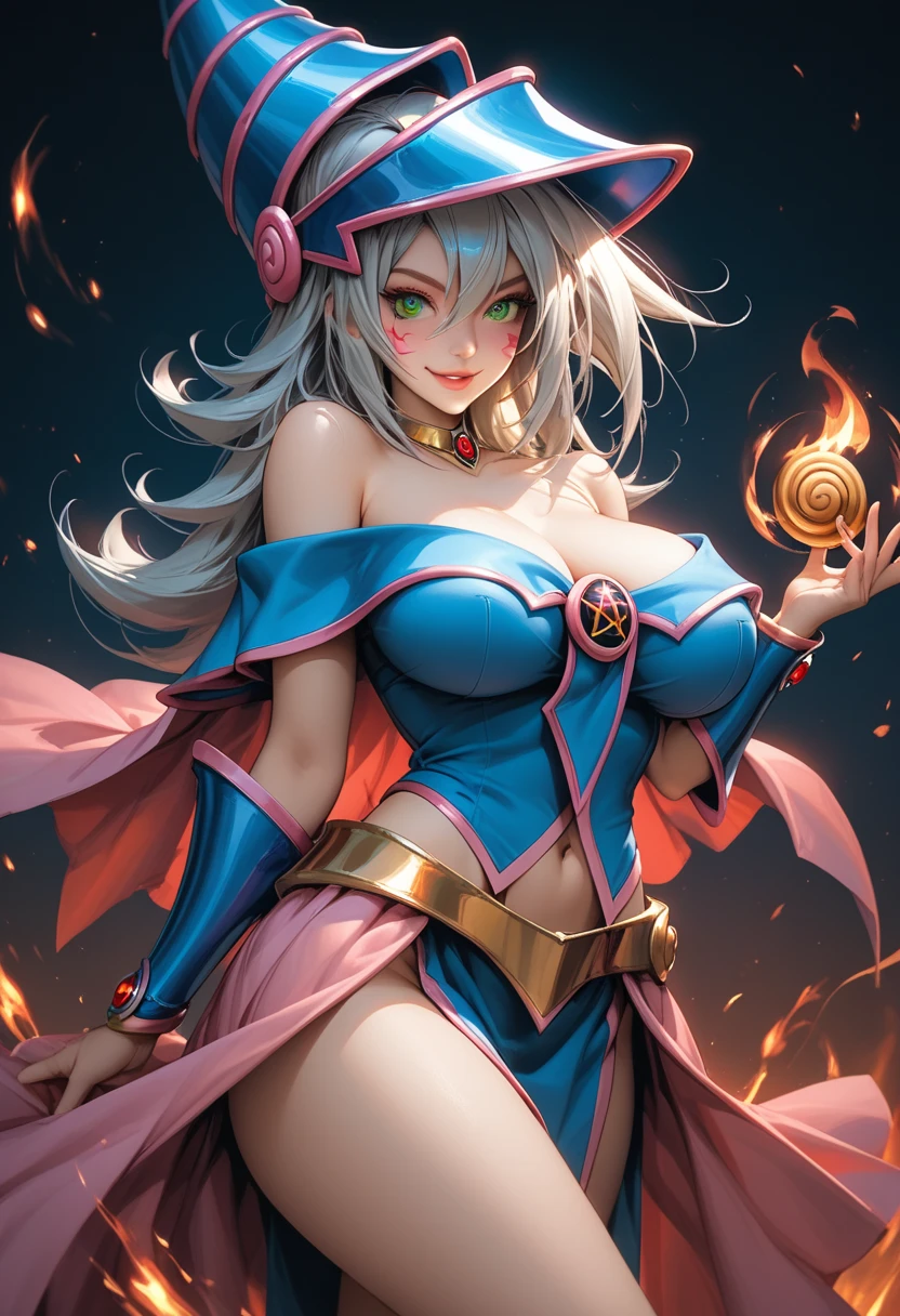 alchemist, beautiful woman, smiling, big breasts, flashy effects