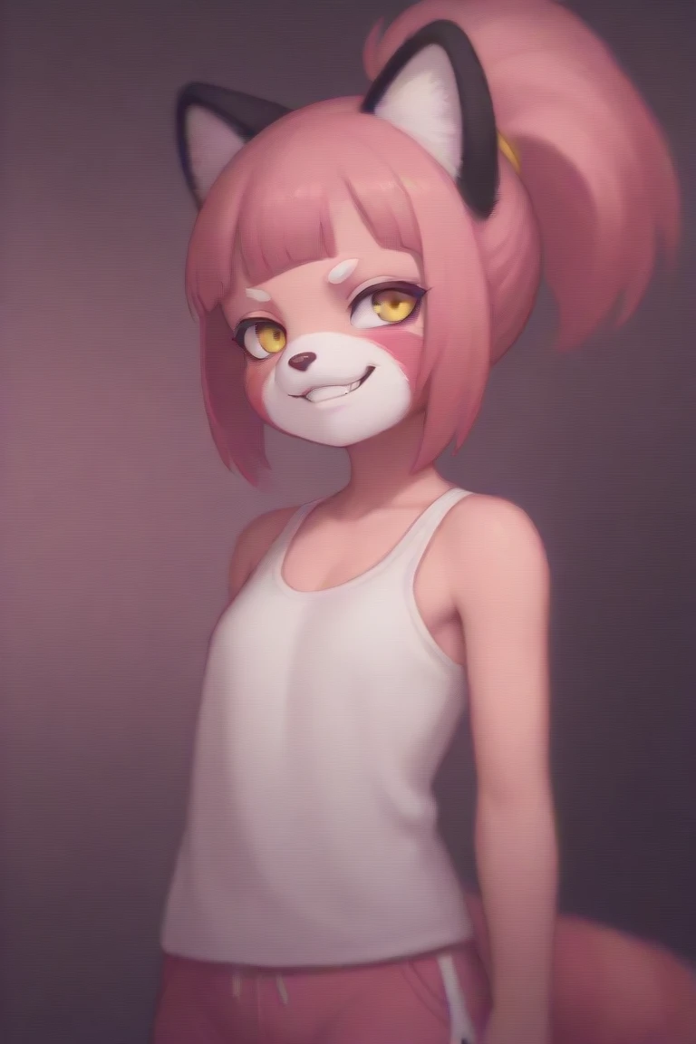 feline, mammal, anthro, anthromorphic, fur, furred_anthro, female, female, bangs, ear_tufts, black_nose, paws, hair_tuft, hair_between_eyes, long_tail, fluffy, feline_ears, expressive_eyes, pink_hair, light looking_at_viewer, pink_fur, shy, small_pupils, skeleton_pattern, digital_art, high_resolution, high_res, pastel_background, pigtails_hair, pink_hair, half_skeleton_pattern, one_ear_skeleton, skeleton_furry, skeleton_fur_pattern, skeleton_ear