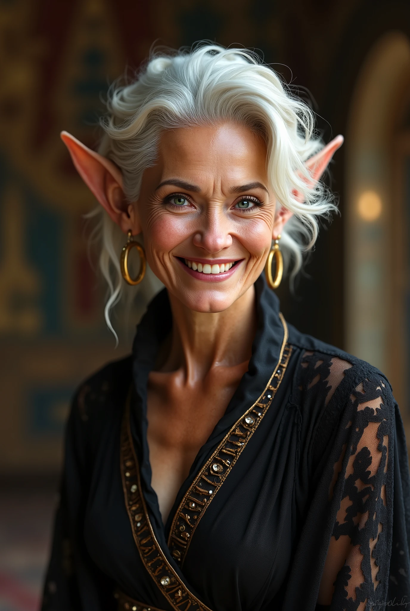 elderly elf with a beautiful smile and blue eyes, this elf is a banker and rich with noble clothes from the Middle Ages, medieval noble, 8K, high quality.