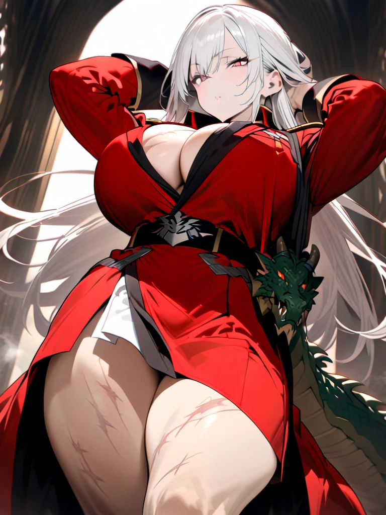 , White hair, eyes, slave collar, chains on his neck and arms, demons, (Large round breasts: 0.6), (Moon demon eyes: 1.18) (kimono: 0.9)