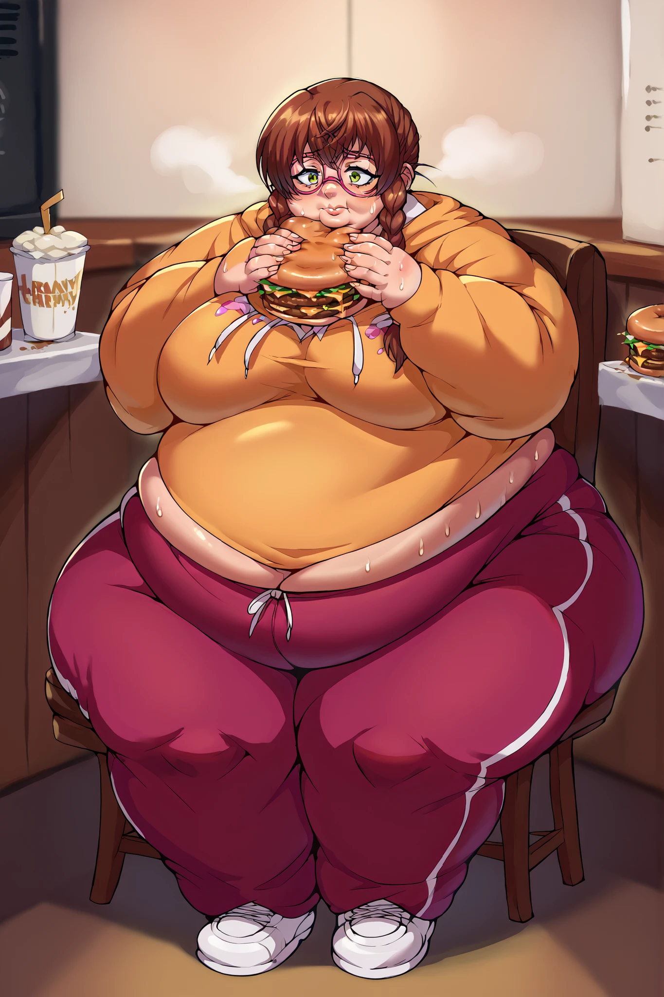 fat, large belly, big belly, very fat, large stomach, chubby (best quality, masterpiece), fat belly, at, large belly, standing, grabbing belly, very fat, large stomach, chubby (best quality, masterpiece), thanksgiving, wearing sweater, grabbing belly, sitting down, table with of food, table tons of food, lots of food, holding belly, table with food, short hair