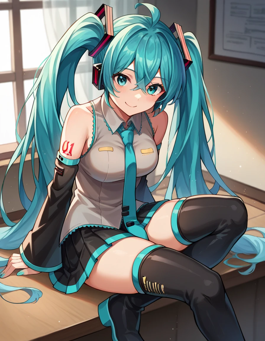 score_9, score_8_up,score_7_up,score_6_up, a girl is sitting on a park bench, smile, open mouth, blush, detached sleeves, black thighhighs, black skirt, hatsune miku, <lora:salad_style_pony6_v1-000024:.9> , dutch angle,