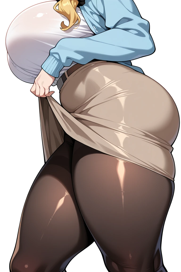((masterpiece, best quality)), ((34 year old)), (((Curvy))), (((Japanese woman with messy brown hair)), in beige sweater, ((white fullback cotton panties)), (blue jeans pulled down), (((Large Hips))), ((looking completely forward)), ((Back towards camera)), ((bending over)), (((realistic art style)))