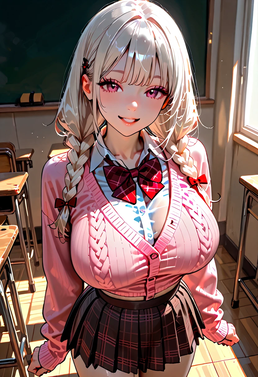(((anime))), ((animated)), (GAL), medium hair, (braid hair:1.3), (blunt bangs:1.2),two-tone hair, blonde hair, (pink hair), round face, red eyes, (drooping eyes), (((tareme))),Pink Lip,piercing,necklace,[black skin], light smile, ((((cute)))), beautiful, 1 girl, solo, (cardigan:1.4), [cleavage cutout],peace sign,beautiful background,(classroom:1.5),evening,sunlight,backlighting,masterpiece,best quality,exquisite,8k,absurdres,super fine illustration,(looking at viewer)