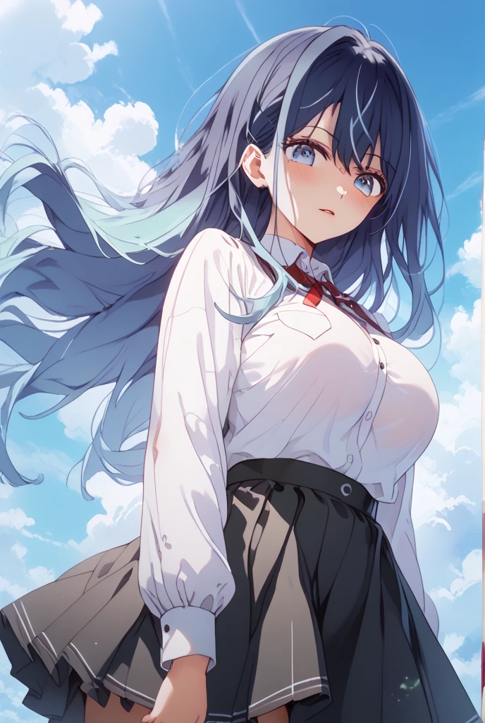My name is Yukiko.I am a white test woman with long Sky blue hair,red eye color.I am 1.62 cm tall . My breasts measure 200 cm, my waist 40 cm and my hips 200 cm. Dressed in a low-cut white shirt and a tight black uniform skirt . With big breasts 200 cm