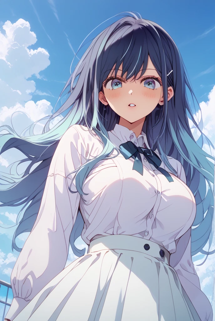 masterpiece, best quality, very aesthetic, absurdres, 1girl, beautiful face, tsurime, asymmetrical bangs, pastel blue hair, long hair, straight hair, large breast, white shirts, mini skirt, rooftop, strong wind, panties, anime artwork, highly detailed, cowboy shot, looking at viewer, from below

