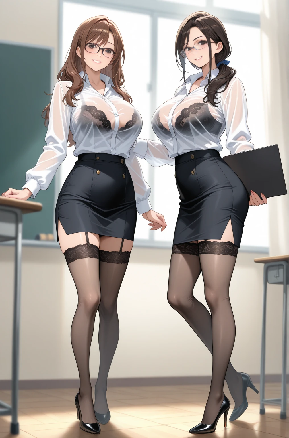 Office uniform thick thighs under miniskirt, a brat secretary teasing boobs, open navel, underboobs, crop top, voluptuous busty breasts, exotic fishnet thigh highs, alluring dominant sexy face with black hair, detailed midriff, peering waistline, exhibiting mouth, salivating tongue out, erect , full body, thong, gorgeous calves, heels, encouraging viewer into submitting to soles