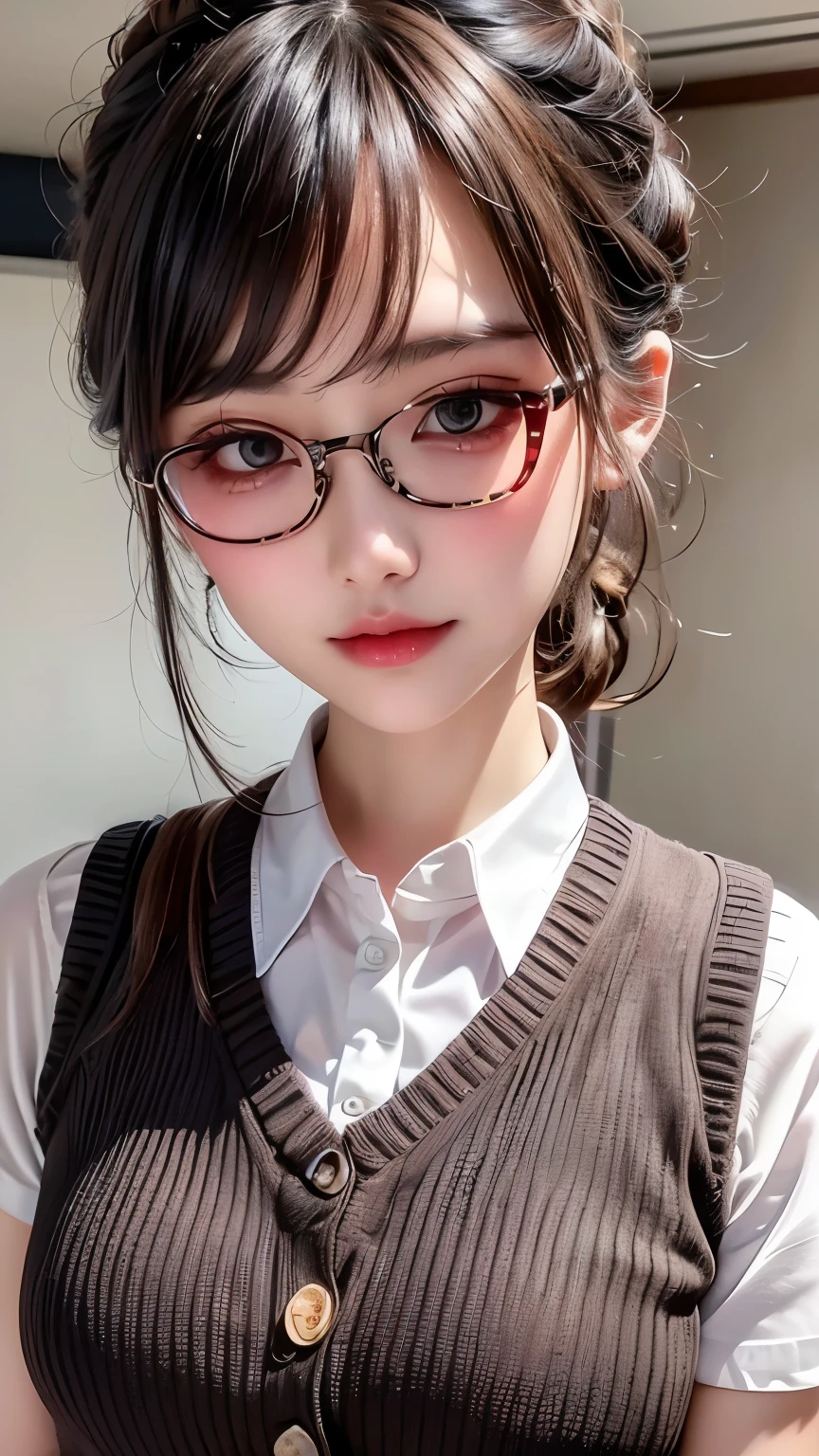 ((Highest Quality、masterpiece、high sensitivity、high definition、detailed depiction、depicting a delicate face、Ｆvalue：6.0),((Slender Woman、wearing glasses)), knitted vest、With Peko-chan's expression、
