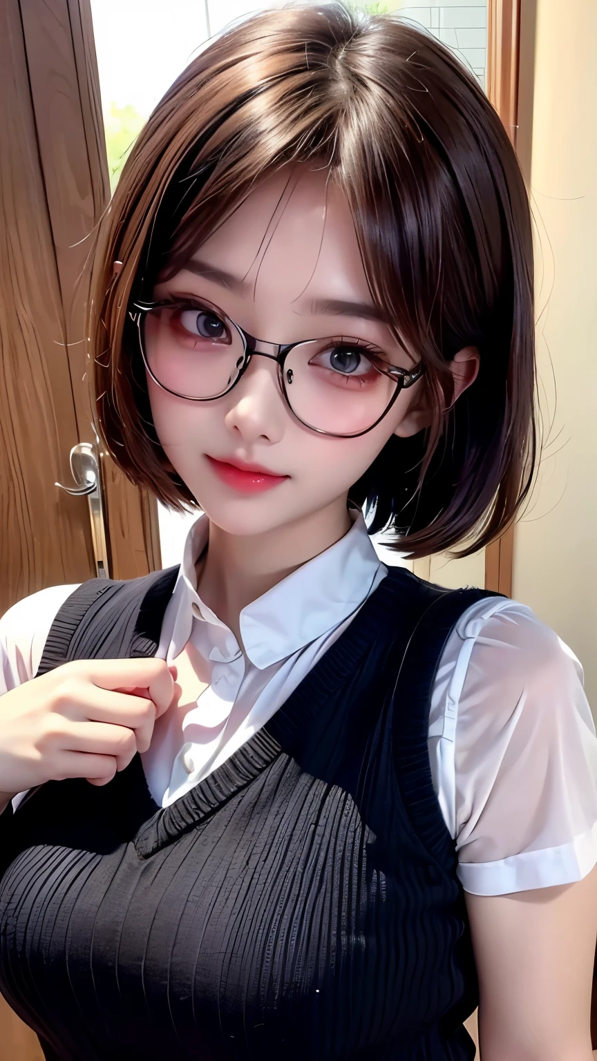 ((Highest Quality、masterpiece、high sensitivity、high definition、detailed depiction、depicting a delicate face、Fvalue:6.0),((Slender Woman、wearing glasses)), knitted vest、With Peko-chan's expression、