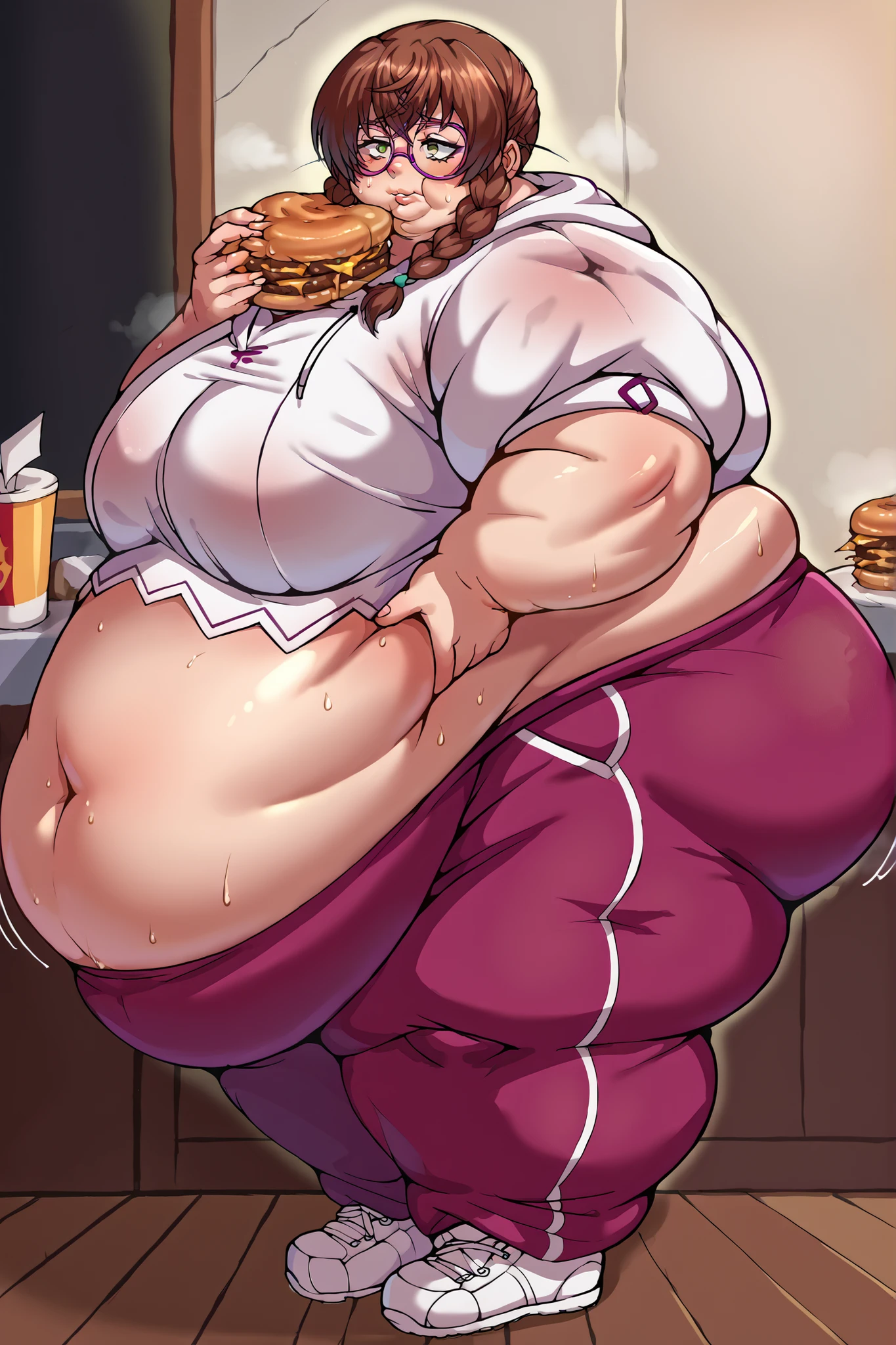 ((High quality:2.0)), Anime ,High Aesthetic, (masterpiece) ,((Well drawn face))morbidly obese, ((dark skinned )), (Femboy), (pop idol ),(( long Multicolored hair)), (( White hair with Hot pink Streaks:1.5)), ((Ponytail )),Wearing ((White Jacket half ,a pink Crop top and White shorts)),(( Thick thighs, Hyper hips, Large Butt)),fat belly, (fat belly:1.5), extremely fat, immobile, too fat to move, ssbbw, (ssbbw:1.9), extremely overweight, mounds of fat, piles of fat on her belly, belly stuffed full of food, rubbing her swollen belly, enormously fat belly full of food,