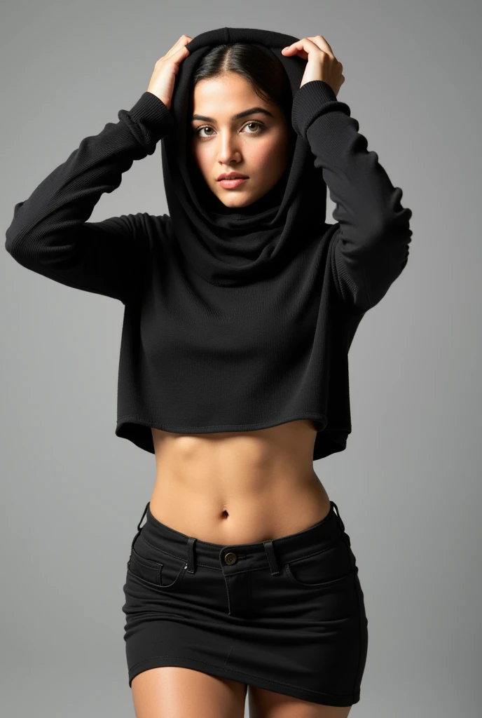 woman,((35 years old)), black hijab, black shirt, beautiful face, white skin, long pants, sexy hips, house
