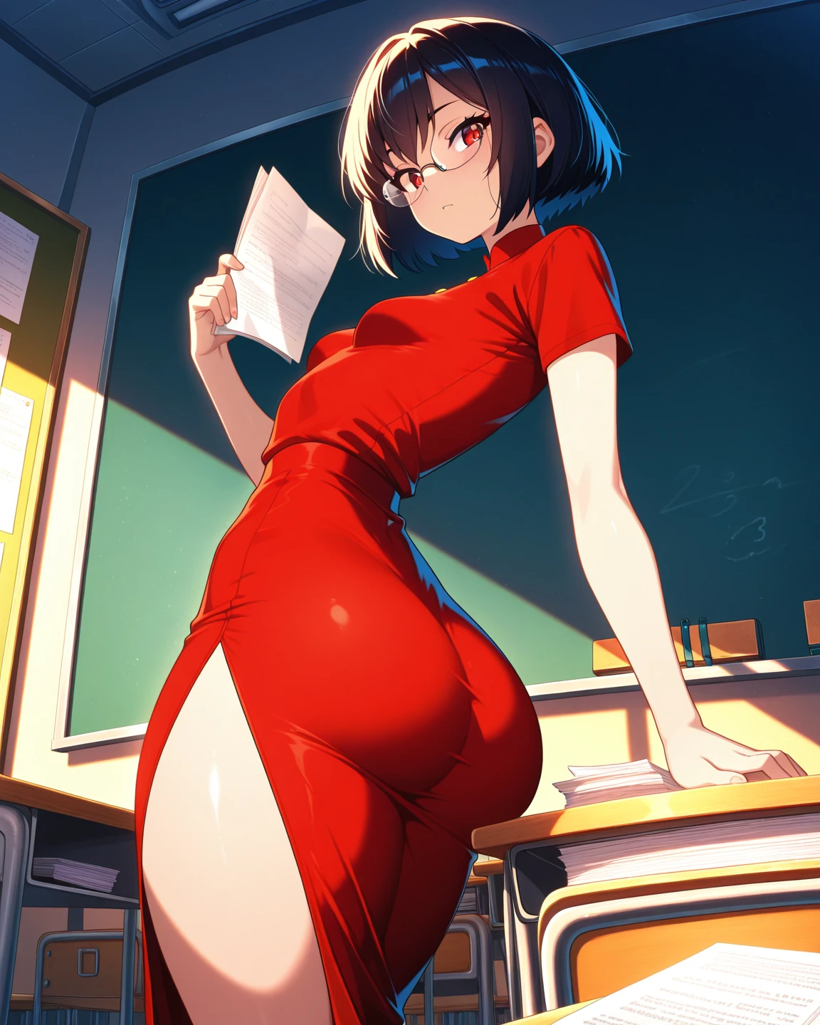 picture-perfect face, flawless, clean, masterpiece, professional artwork, 1girl, famous artwork, cinematic lighting, cinematic bloom, perfect face, beautiful face, beautiful eyes, ((perfect female body, narrow waist)), female, bent over desk, red long dress, black stockings, focus legs, wide hips, big ass, milf, short black hair