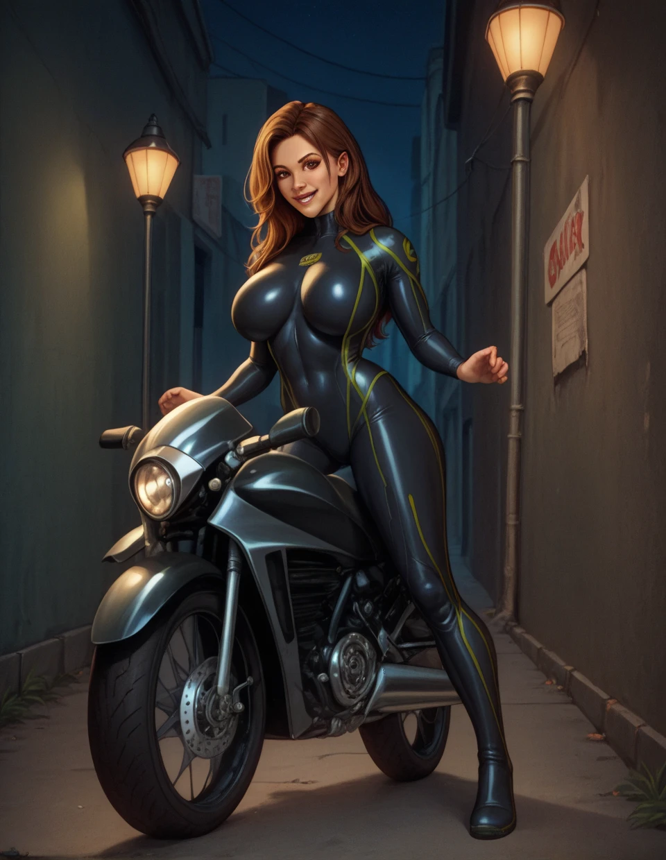 (masterpiece, top quality, best quality, official art, beautiful and aesthetic:1.2), (1girl:1.3), (gorgeous face), light freckles, fair skin, brown hair, extremely detailed, portrait, looking at viewer, solo, (full body:0.6), detailed background, close up, (airy modern theme:1.1), extremely busty but very slender motorcycle girl, ponytail, big lips, arched back, charlatan, smirk, mysterious, riding a street bike, riding a motorcycle, motorcycle, tank top, leather pants, ((motorcycle helmet)), bullet bike, motorcycle, cyberpunk city street, well-lit, thin and toned physique, ((((gigantic breasts, cleavage, skindentation)))), slim waist, slim hips, long legs, modern (city exterior:1.1) background, dark mysterious lighting, shadows, magical atmosphere, dutch angle,