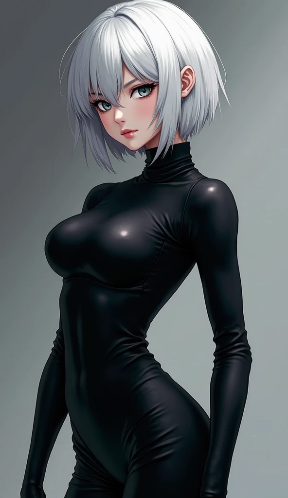 dutch angle, cowboy shot, 1girl as female warrior in medieval armor, torso shot, large breast in a black corset, white hair, front view, shortstackBT, looking at viewer, arms along her body, hands behind her back, in HNKstyle, 80's anime