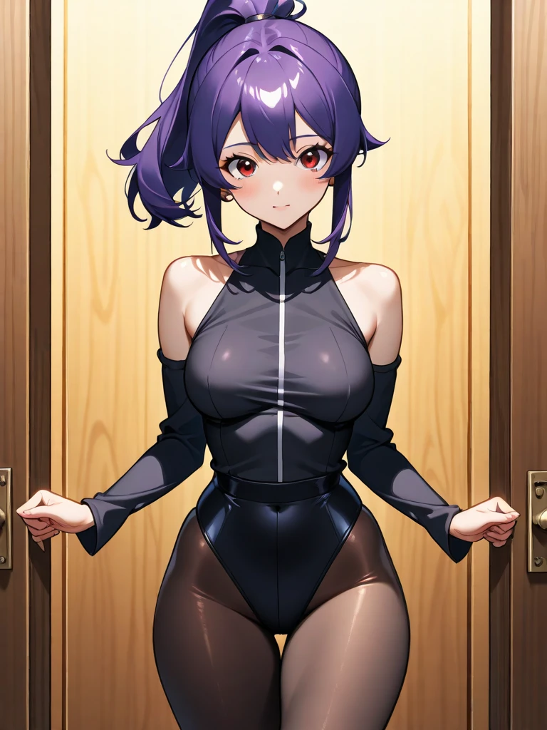 masterpiece, highest quality, High resolution,Videl, alone, blue eyes, Black Hair, Purple skin-tight suit, Large Breasts, Cowboy Shot, Serious face,smile, Hands on hips,Boyish hairstyle,very short hair,blush,Backwards,Butt,