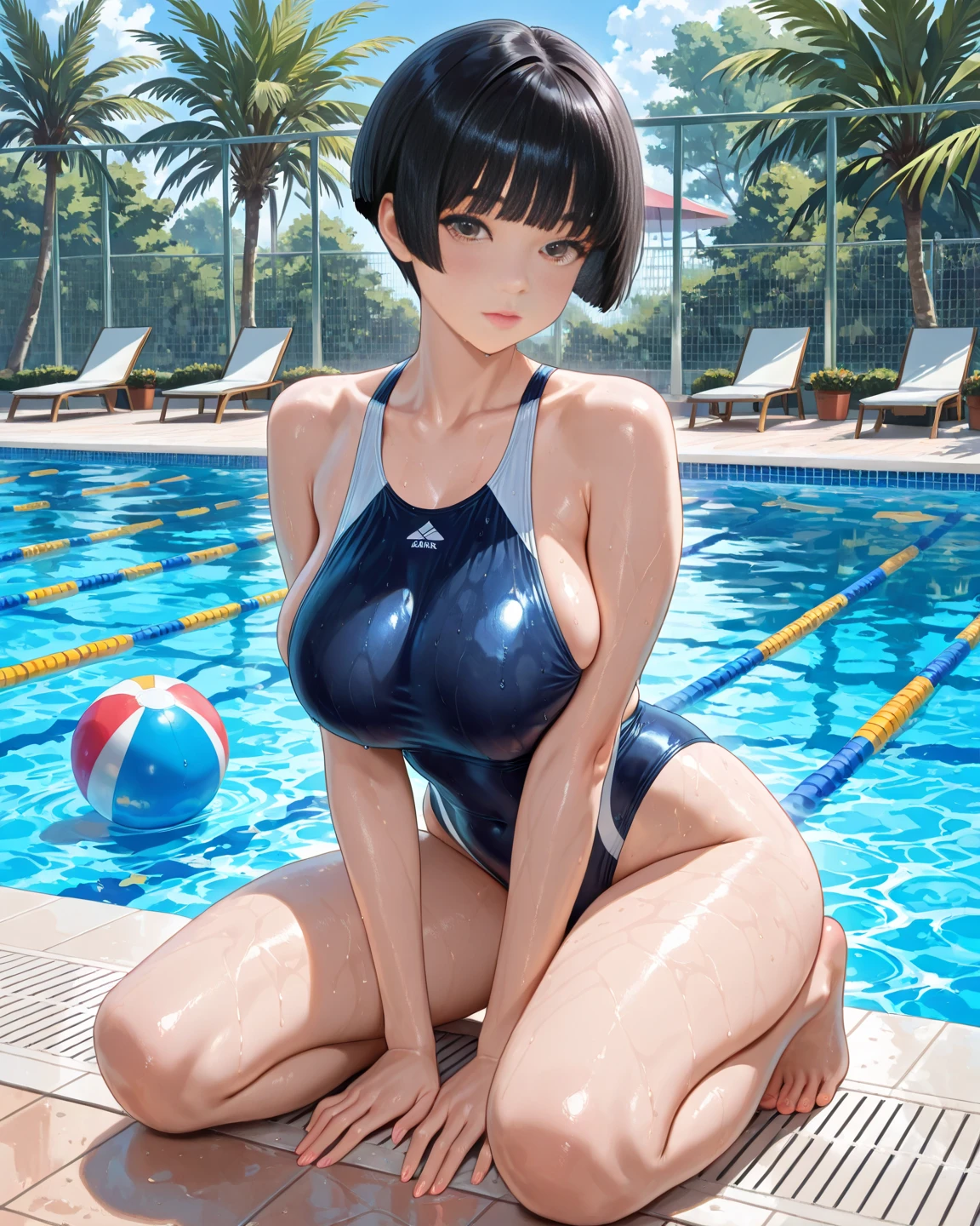 high resolution, extremely detailed CG, unity 8k wallpaper, super detailed skin, perfect anatomy, detailed, cinematic lighting, dynamic lighting, beautiful detailed eyes, smile, looking straight, school swimming pool, from below, A milf with short black hair, gigantic breast, sky-blue eyes, wearing a navy one-piece swimsuit, sitting on a poolside. She is dipping her feet in the water.