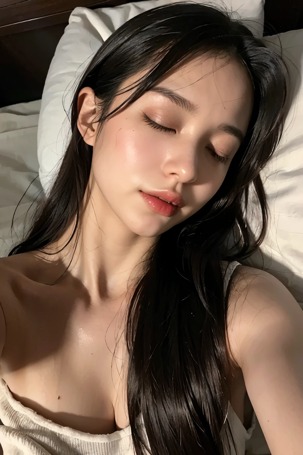 in a dim lit dark bedroom, an elegant adult lady, lying face down on the bed, both hands close to the face, licking, open mouth wide, closed eyes, wearing nothing, exposed skin, wet long length hair, deep red and shiny black hair, vivid heavy makeup, slendar figure, beautiful taned-colored skin, sunburned, sweat splashes a lot whole face, racy, provocative, refined sensuality, captivating presence, sexiness, alluring, shot from overhead, high angle shot, {realistic photo style}, {cinematic}, {dramatic}