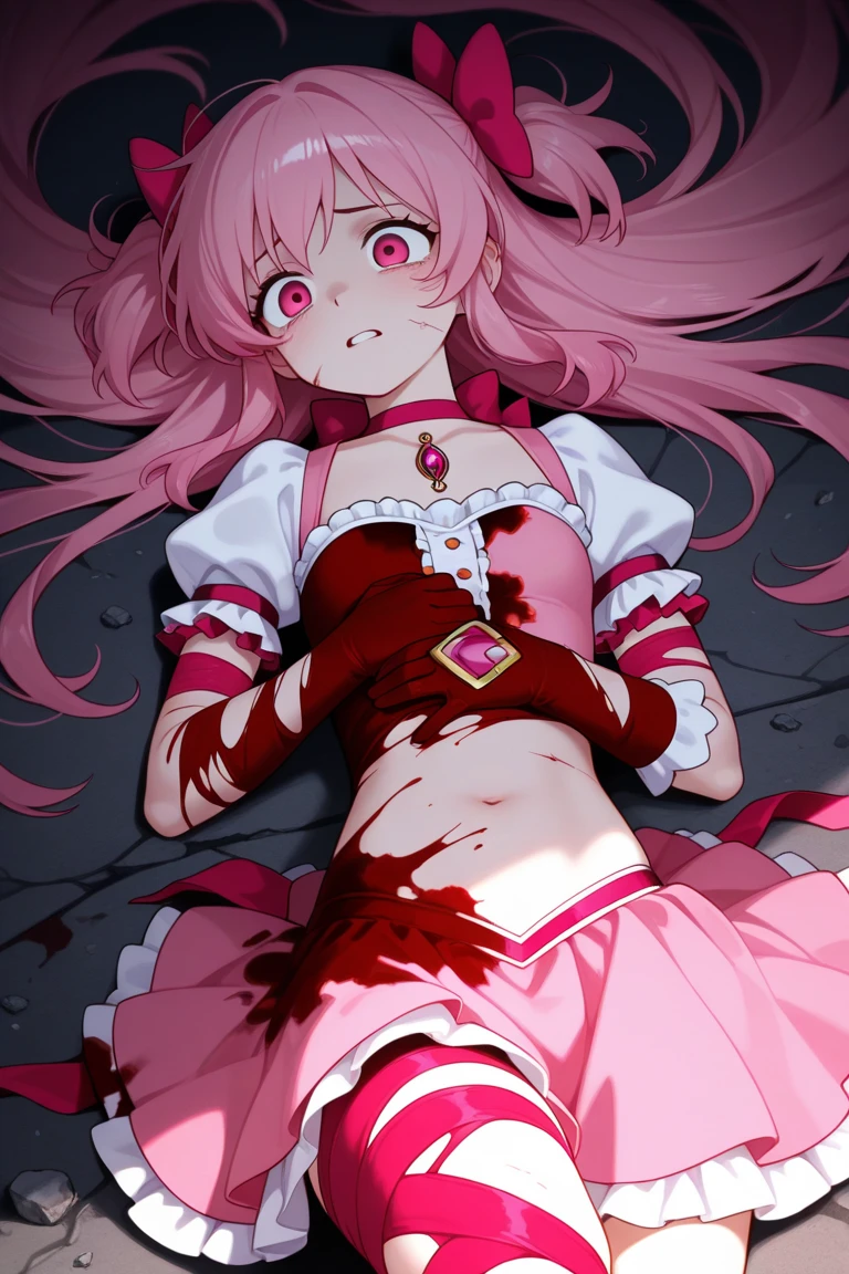 serena,solo girl,Kneeling,blood is flowing from the mouth,painful face,Torn Costume,