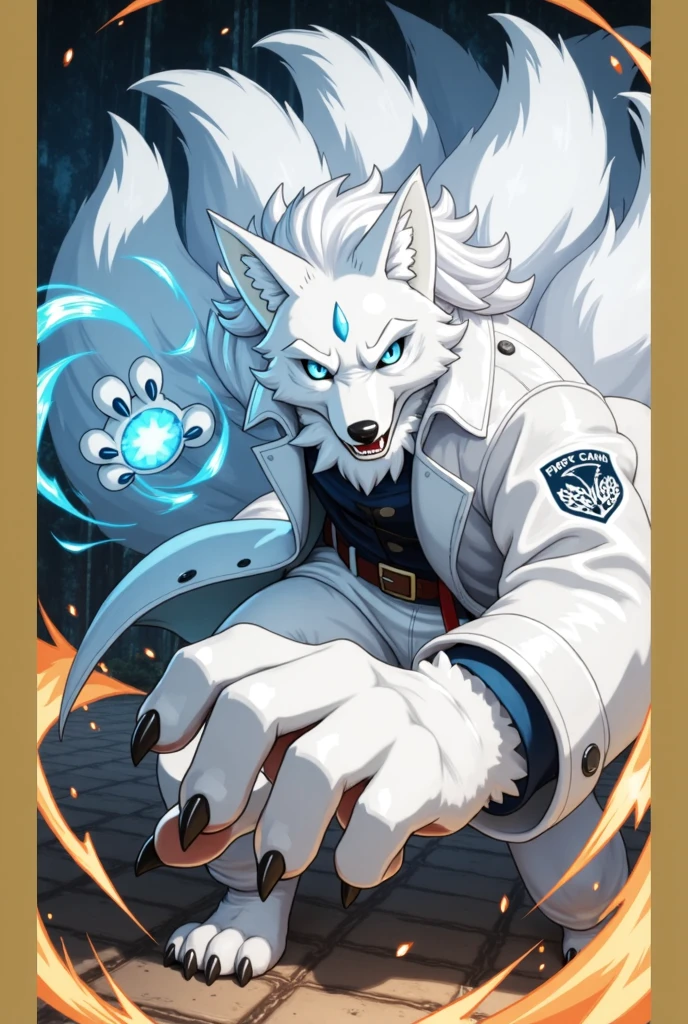 (((Detailed ???????, detailed eyes, detailed body detailed face, best quality, high resolution))), solo, (1male, white wolf, adult body, white furs, skinny muscle, yellow eyes), black shirt long sleeve, black pants, geta, in the flat rocky field, holding a blue energy spell, by bebebebebe, by K0BIT0WANI, by SpiritD