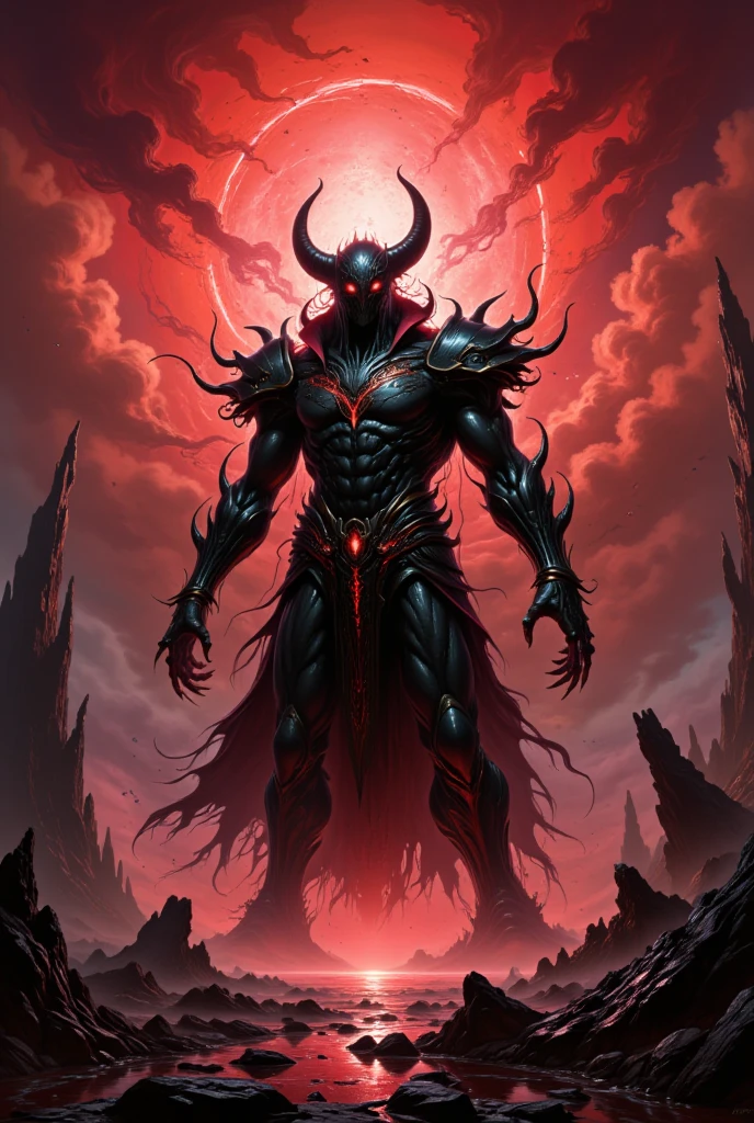 Make me a mad god of the universe but more like alien like and have a four horns and black armor with black thunder aura