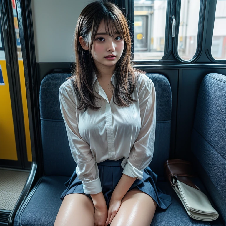 (((Misako Renbutsu)))Beautiful Young Female with ((Twin Braids) covering Bust) (Flashing Crotch) on ((Dusk Train)), (extremely delicate and beautiful) Detailed Closing Texture, Professional portrait of SemiNude photography, (((Unbuttoned cardigan with beltbra:1.37)) White SkinnyShorts)Navel, (sitting_chair) {leaning back|(knee up to chest)}, (Motion blurred window){(Tyndall effect)|lens flare|Haze|bokeh} ZoomLayer (Oodles Blurred Colorful Lights (Starry particles)), (TopQuality Masterpiece of 8K Ultra-detailed DigitalPainting by Jeremy Lipking), (Clearly visible the Shape of Crotch), (extra leg:-1)