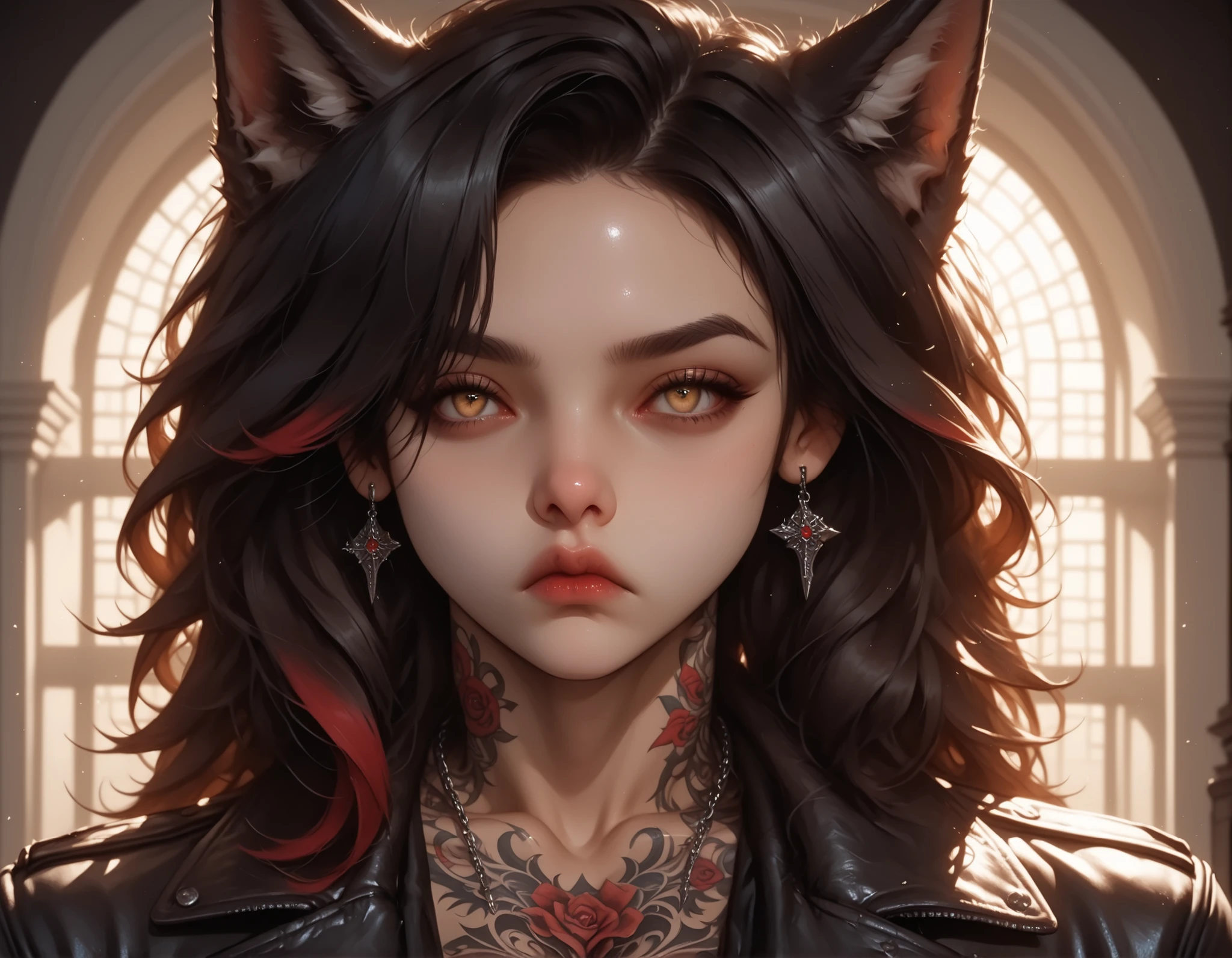 urban_park, pale_skin, black_hair, short_hair, red_highlights, wolf_ears, wolf_tail, yellow_eyes, muscular_female, muscular_arms, detailed_tattoos, (detailed_face:1.3), (sharp jawline), (high nose bridge:1.2), soft skin, glowing_skin, refined_cheekbones, arched_eyebrows, visible_philtrum, 1girl, solo, upper_body, fangs, (bored:1.3), black_tank_top, leather_jacket, ripped_jeans, neck_tattoo, chest_tattoo, arm_tattoo, standing, hands_on_hips, cowboy_shot, dramatic_composition, portrait_orientation, (cinematic lighting), (volumetric_lighting), (rim light), (soft shadows), ((forced_perspective)), (Diminishing scale perspective:1.3), (masterpiece:1.2), (best quality:1.2), ultra detailed, 8k, watercolor, (lora:Yandere Queen:0.85), (lora:SDXL high detailed. LoRA_SDXL_ARW_0010:0.75), (lora:Waifu Eyes:0.5), (lora:NKxXmo's Shaded Face:0.5), (lora:NoobAI-XL Detailer:0.6), (lora:Detail Tweaker:0.65)