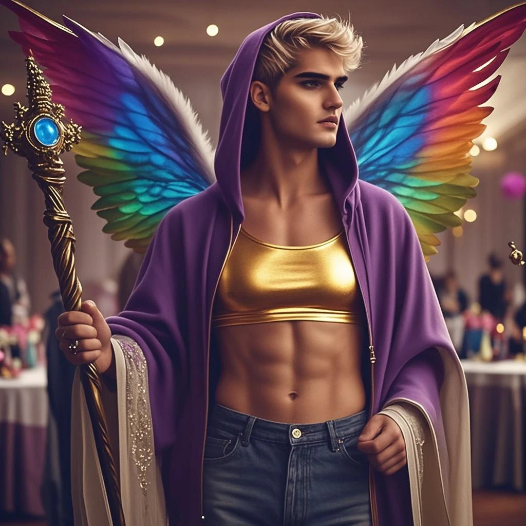Generates an image of a 20-year-old man, Without beard, with dyed light blue hair, goat horns, cola de leon, swan wings, pink eyes, muscular and with an elegant suit