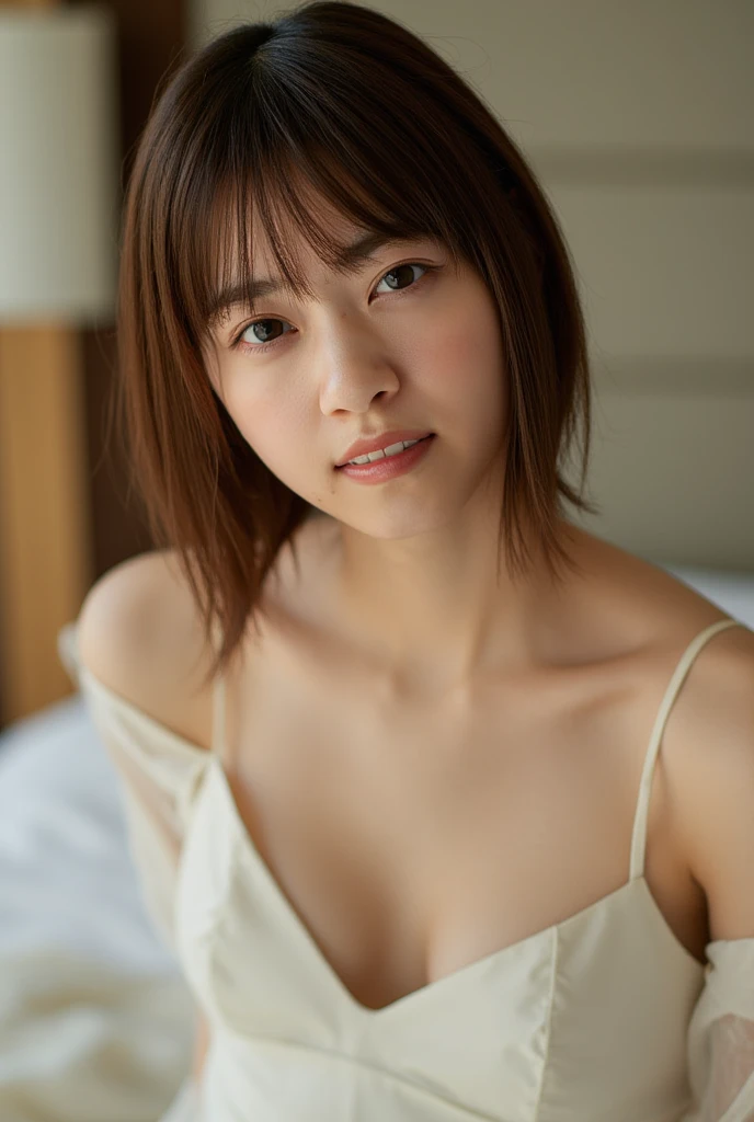 (((smile、Focus on the eyes:1.1、Extremely detailed:1.22、Ultra-high resolution、masterpiece:1.45、Highest quality)))、((((Whole body expression:1.68、camisole、Leaning forward、One person))))、long, straight black hair、So that every single hair is clearly visible、The subtle color changes of hair depending on how the light hits it、 Skin has a natural glow、Fine skin texture、Representing the fine details of pores:1.25、Details of the light redness on the forehead and cheeks、(((Eyes with fine iris details、The eyes depict color gradations and patterns.、Long, natural-looking eyelashes, each and every one visible、Well-groomed eyebrows、眉毛のindivual々The hair is clearly visible、Light reflecting off into the eye、The light in the eyes creates small highlights)))、The nose is delicate、Fine detail on the nostrils、Lips are plump and naturally pink、Depicts the fine lines and soft curves of the lips、lips are shiny and、The gloss on your lips accentuates their shape.、(((Detailed depiction of lip texture、Particular attention to the depiction of light and shadow、Soft natural light gently illuminates the face from the front、A faint glow on the forehead、A slight shine on the nose、A slight glow on the cheeks、Shadows are cast softly along the contours of the face、Accentuate the sides of your cheekbones、Accentuate the sides of the jawline、Emphasize the sides of the nose、The gloss on her lips reflects the light faintly、Lips emphasize the plump texture、The shadow of the hair gives depth and dimension、indivual々The hair shines in the light、