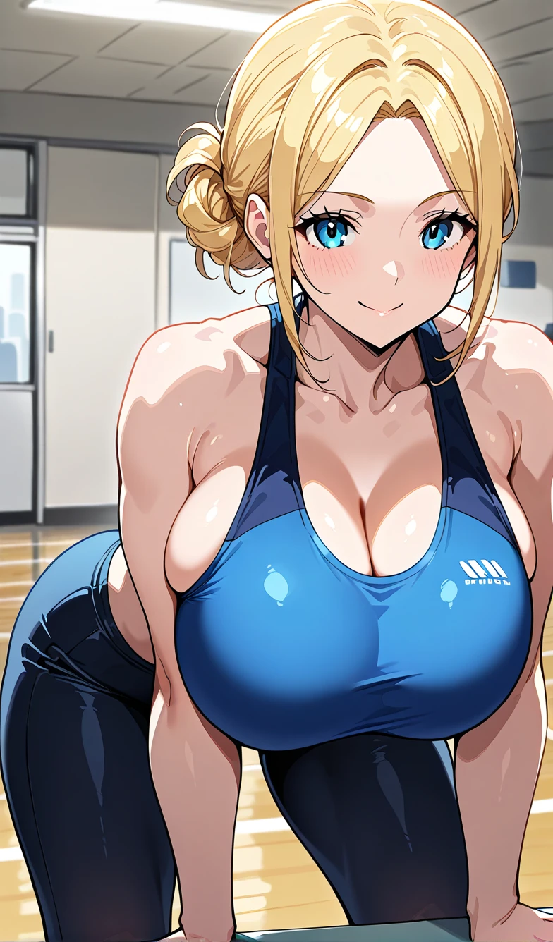 1 female, small , plump curves, realistic lips, tight blue tracksuit, exposed cleavage, arms crossed propping up breast, hourglass figure, blonde hair, messy bun hair, annoyed, in a dirty apartment, best quality.