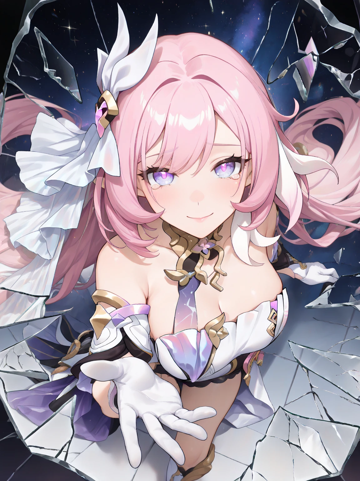 masterpiece, best quality, very aesthetic, absurdres, newest,1girl,upper body, (contempt, disgust,shaded face,looking at viewer,frown),sangonomiya_kokomi(genshin_impact), 1girl, bare_shoulders, blue_hair, bow-shaped_hair,detached_sleeves,gloves, half_gloves,long_hair, long_sleeves, multicolored_eyes, multicolored_hair, pink_hair, thick_eyebrows, thighhighs,white_gloves, white_thighhighs, wide_sleeves,colored_tips,,in a church,cathedral