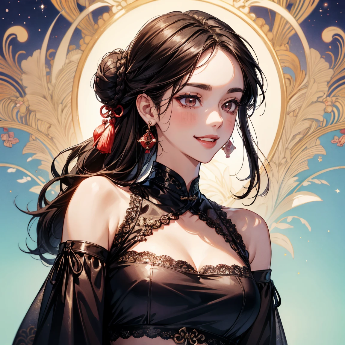 Seven Rhaeyar (Deylta), Ancient Star goddess, Perfect female anatomy (Royalty, Adult Female, 166cm in height, Cool pale skin, slim, slender, 34D breast size, Long Jet Black Hair, Gray Colored Iris , a set of Jet black colored horns on her head), Neutral facial expression, Elegant black uniform dress, female choker accessory with silver complimentary jewelry, dragon motifs, Black rope accessories, Simple Black Background, receiving light from the front, Slightly focusing on her face up close, Ethereal glow, Red Rose petals falling, Japanese inspired