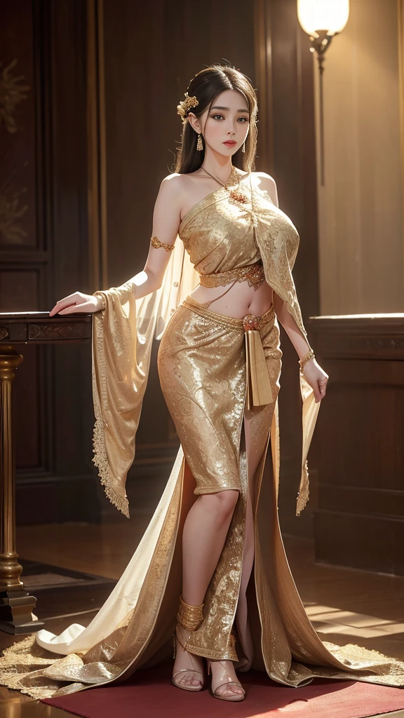 masterpiece, best quality, mature female, erotic, <lora:edgMoroccanCaftan:.75> edgCaftan, white robe, wearing edgCaftan <lora:danmachi_ishtar-000016:.7> purple eyes, tiara,