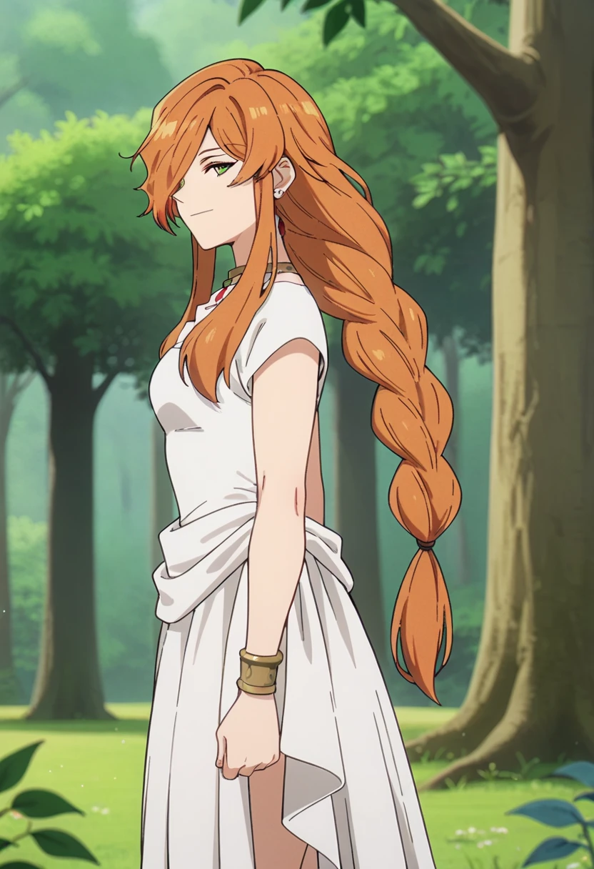 score_9, score_8_up, score_7_up,
FlammeSSnF,
1girl, solo, closed mouth, smile,
orange hair, long hair, green eyes, hair over one eye, long braid,
white dress, necklace, ancient greek clothes, short sleeves, long dress,
standing, looking at the viewer, from side,
fantasy, medieval, photo background, forest, tree, moss, stream, stone, leaf, maple tree, grass, nature, blurry background
