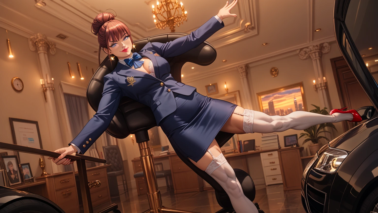 score_9, score_8_up, score_7_up, 1girl, solo focus, officerdva, d.va (overwatch), white gloves, high waisted skirt, bodycon pencil skirt, stockings, pink whiskers, sitting on police cruiser, city downtown, long sleeves, high heels, (((blazer))), (((suit jacket))), epaulettes, formal, skirt suit