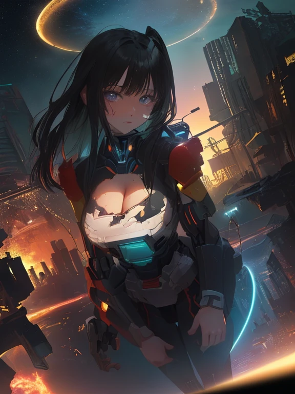masterpiece、(detaileds、hight resolution、top-quality)、女の子 1 人、After the AI development race、Advanced science and technology countries with ideal development。 Humans and robots coexist、Biomechanization technology has blurred boundaries。 Generating energy from water「HA drives」Semi-permanent energy supply or、Overcome life with mechanization々The result of enriching our lives with science and technology、There has been no war for more than 100 years。 The military industry in Fuentes has been reduced to a minimum level of security、Emphasis was placed on the development of scientific research and entertainment.。 After metastasis、The loss of water sources and power plants、Caused energy shortages in several cities。 At the same time as wide-area surveys、The presence of a lake in the neighboring Saint Lake was revealed,、reeds1Raid on neighboring Hinoi。 After aligning interests and forming an alliance with Saint Lake、Suddenly nationwide「A WORLD... Protect...」I heard a voice saying..。 A WORLDを守るためには紛争をなくす必要があると判断する.、To stop Hinoi, He carried a hastily made weapon、Headed to an unfamiliar battlefield.