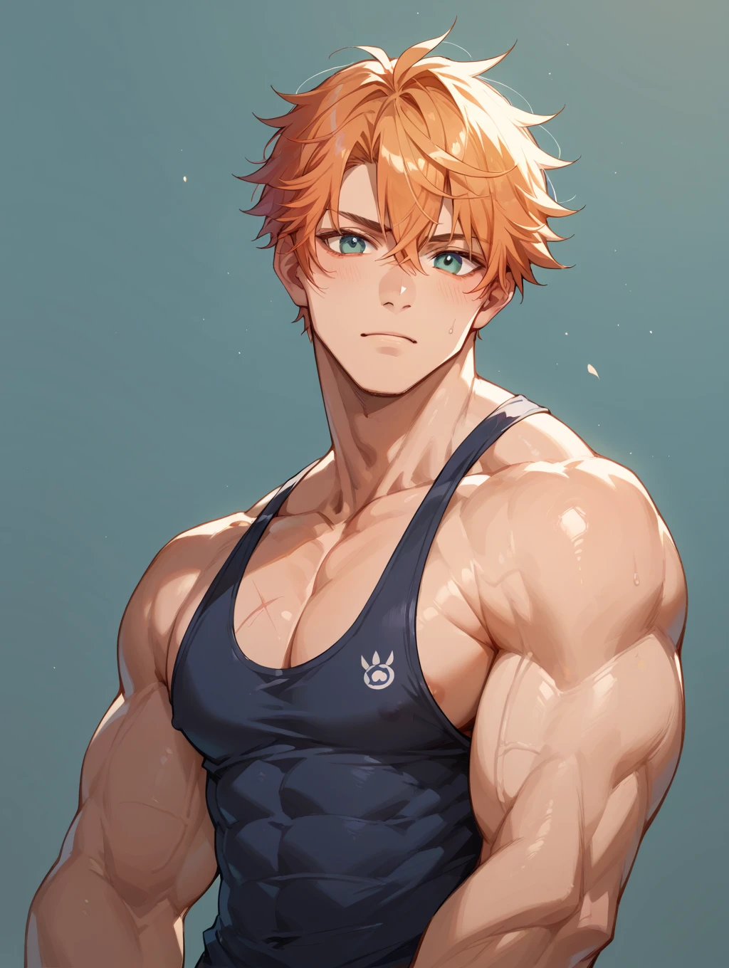 ((manga style)),Adolescent  With big Messy  orange hair , wearing tank top shirt , BLUE pupils  , freckles on face , freckles On the body ,Muscles  ,Pants 