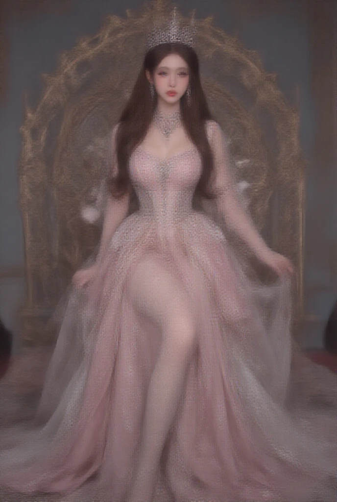 Elegant princess, half squat, jewelry, princess crown, pink light evening dress, thin pointed toe heels, stiletto heels, big breasts, white skin, 8k,