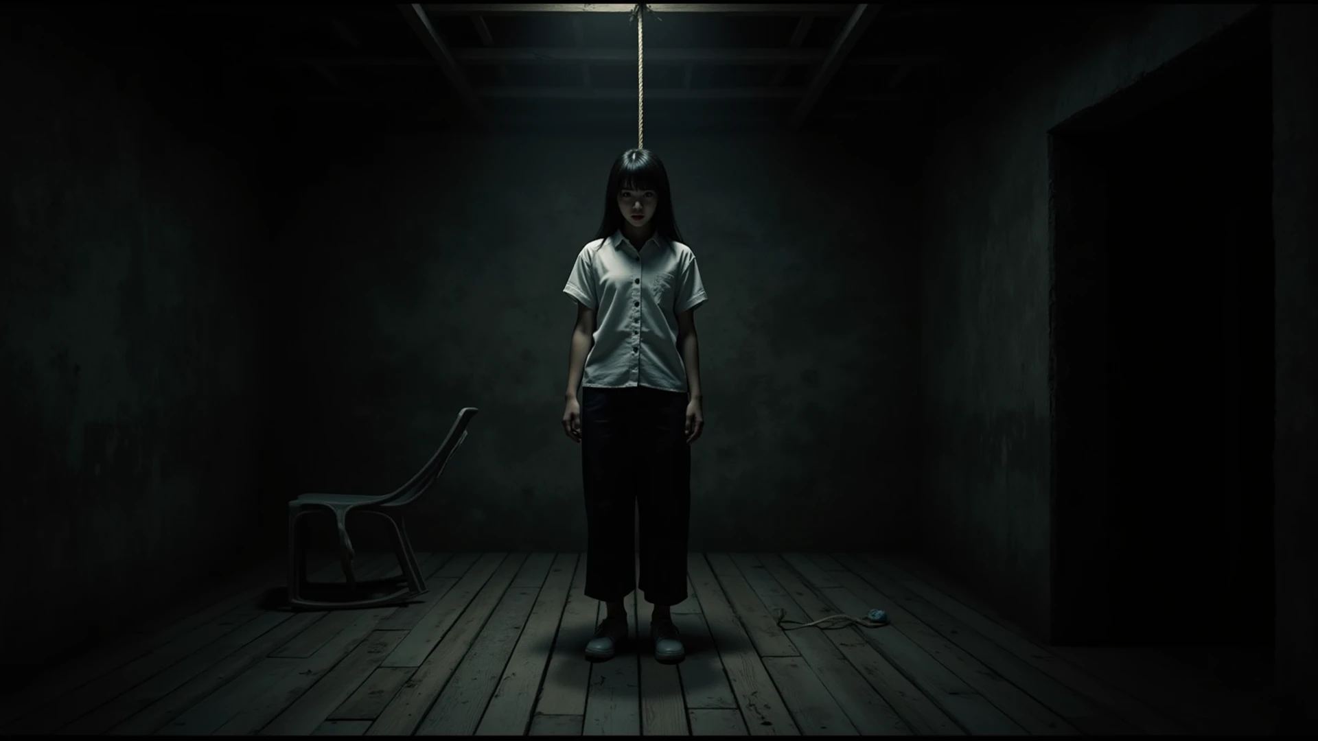 Girl in white thigh high socks standing on chair with noose around her neck