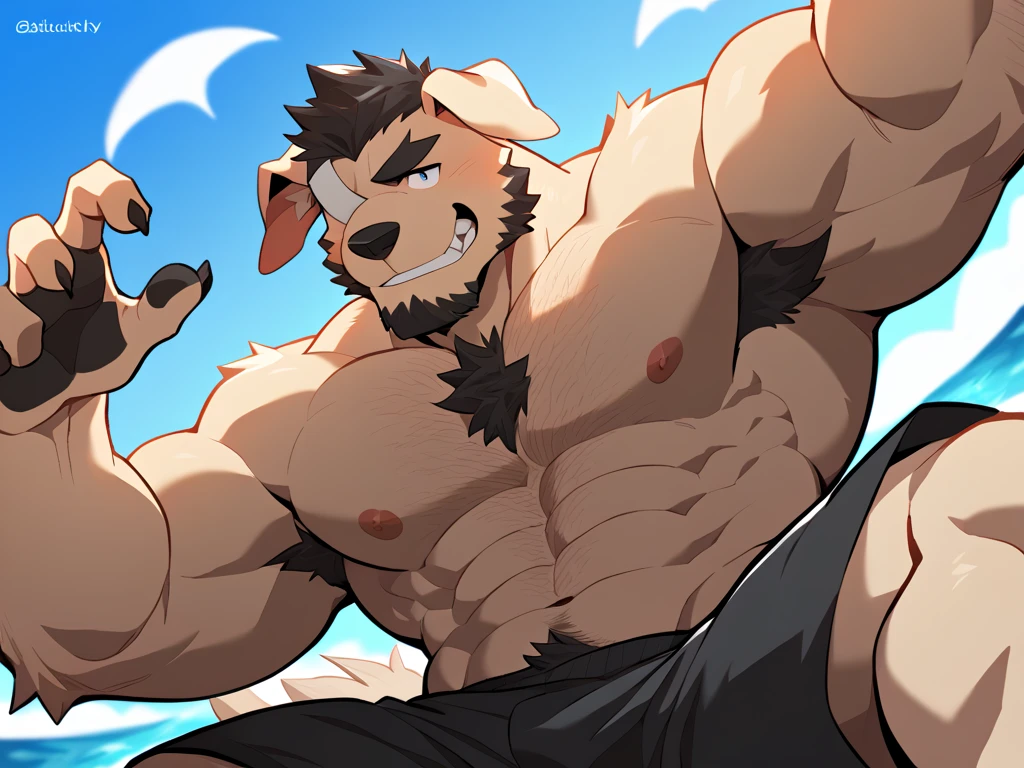((cel-shading, portrait, side view, bright beach background, light color palette, global lighting)), 1boy, abs, bara, bare shoulders, suspended in midair, (black hair, body hair, copious luxuriant bushy far-reaching black chest hair, bushy black fur all over chest, hairier chest than possible), clothing cutout, cuffs, dark skinned male, thick facial hair, handcuffs, jewelry, large pectorals, (long bushy black sideburns), male focus, mature male, medium hair, slim, muscular, muscular male, navel, pectorals, short hair, sideburns, solo, stomach, stubble, thick thighs, butt, (((naked, tentacles combing his pubic-hair, tentacles rubbing his pubes, tentacle attack, restrained with tentacles, legs bound with tentacles, sliding on banister, tentacle rubbing his perineum and butt-crack))), thighs, tight, watch, ((wolf, wolf tail, huge hairy groin, pubes, pubic hair, happy-trail, treasure-trail, copious luxuriant bushy far-reaching black nether-hair, very hairy snatch, landing strip covered in pubic-hair, pubic hairy perineum, bushy tush)), expression of ecstasy, passionate gaze, wincing with pleasure