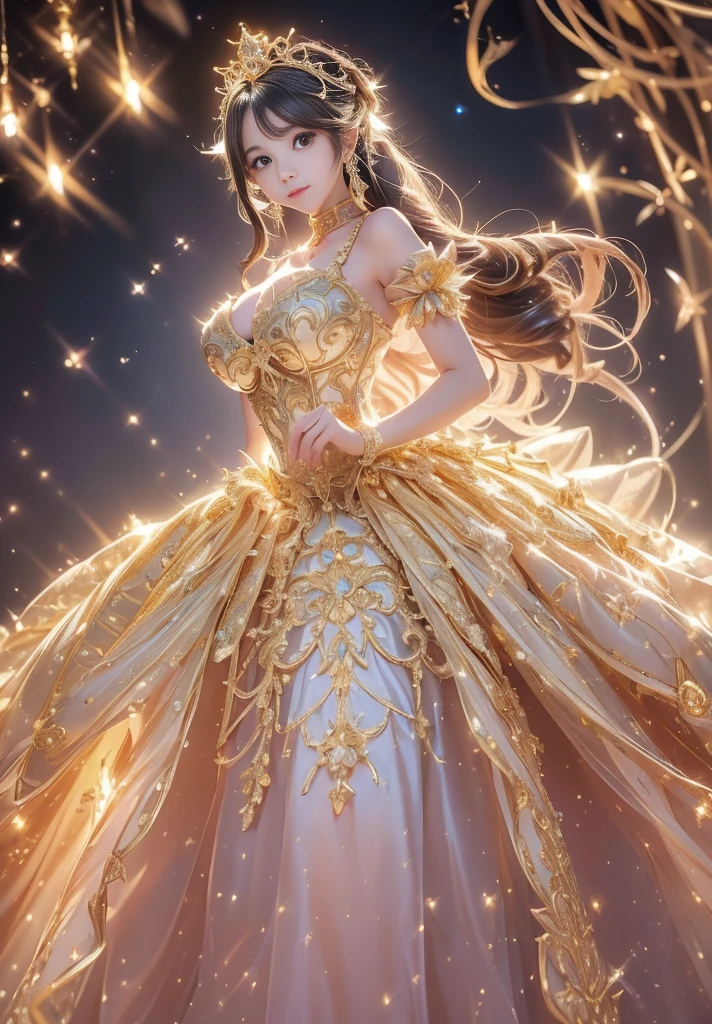 jinmeng
golden layered dress
sparkle
see-through
jewelry, ((knee shot)), ((Shoot at random angles)), ((Visible cleavage)), ((E-cup)), ((I-type Valley)), ((Warm colors)), Long-range shooting, A beautiful woman,Elegant posture,Standing,Slender figure。Her legs are slender and straight,Cross placement,Forming a perfect diagonal composition。Head gently sideways,Long blond hair falls naturally,Gently brushing her shoulders。Soft colors,In stark contrast to her fair skin。The edge of the skirt ripples gently,As if swaying in the breeze。Her eyes were gentle,There is a faint smile on the lips。The whole picture looks very harmonious and beautiful