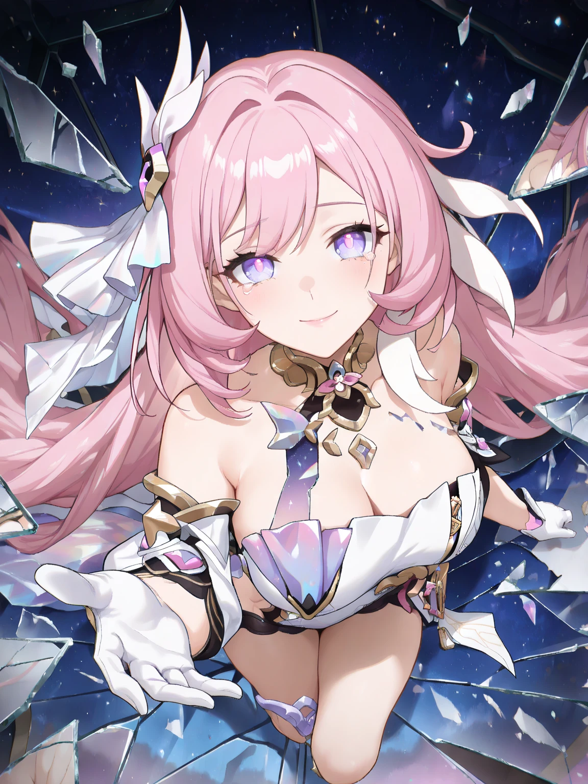 elysia (herrscher of human:ego) (honkai impact) ,((masterpiece)), (((best quality))), ((ultra-detailed)), ((illustration)), ((disheveled hair)), ((frills)), (1 girl), (solo), armlet , ass , bangs , blush , breasts , bridal veil , clothing, crossed legs , :d , female , garter , gloves , hair between eyes , headdress , headwear , jewelry , large breasts , looking at viewer , multicolored hair , no bra , open mouth , open-mouth smile , pantsu , pink hair , purple eyes , single strap , smile , thighs , thong , underwear , veil, white gloves,