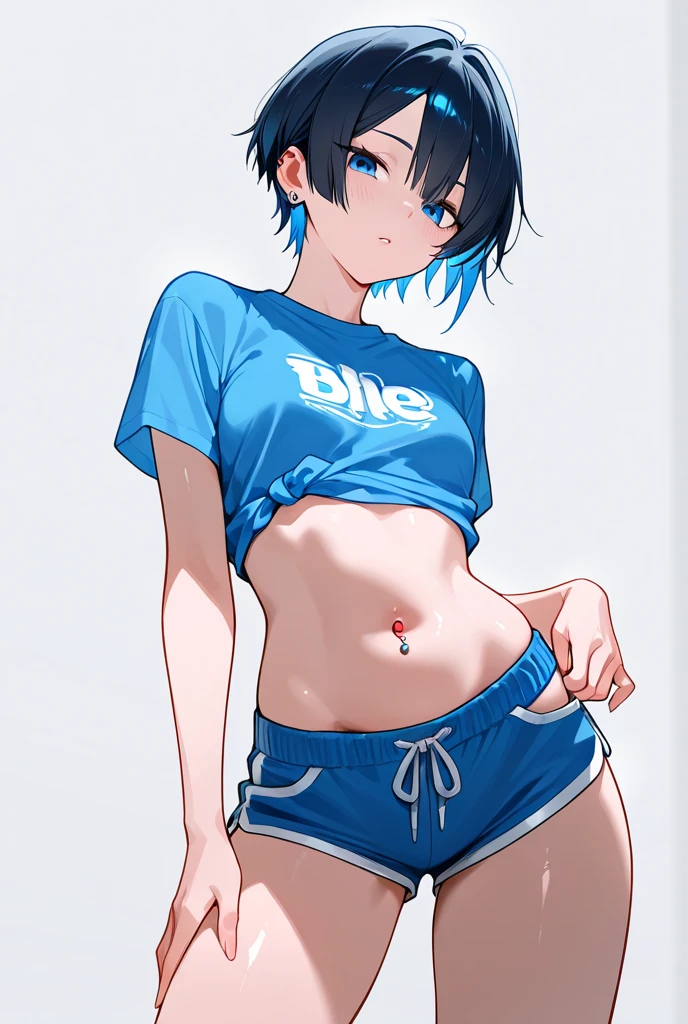masterpiece, highest quality, High resolution, brown eyes、short hair,blue hair, white skin、thick legs、training、Training Room、sports gym、sportswear