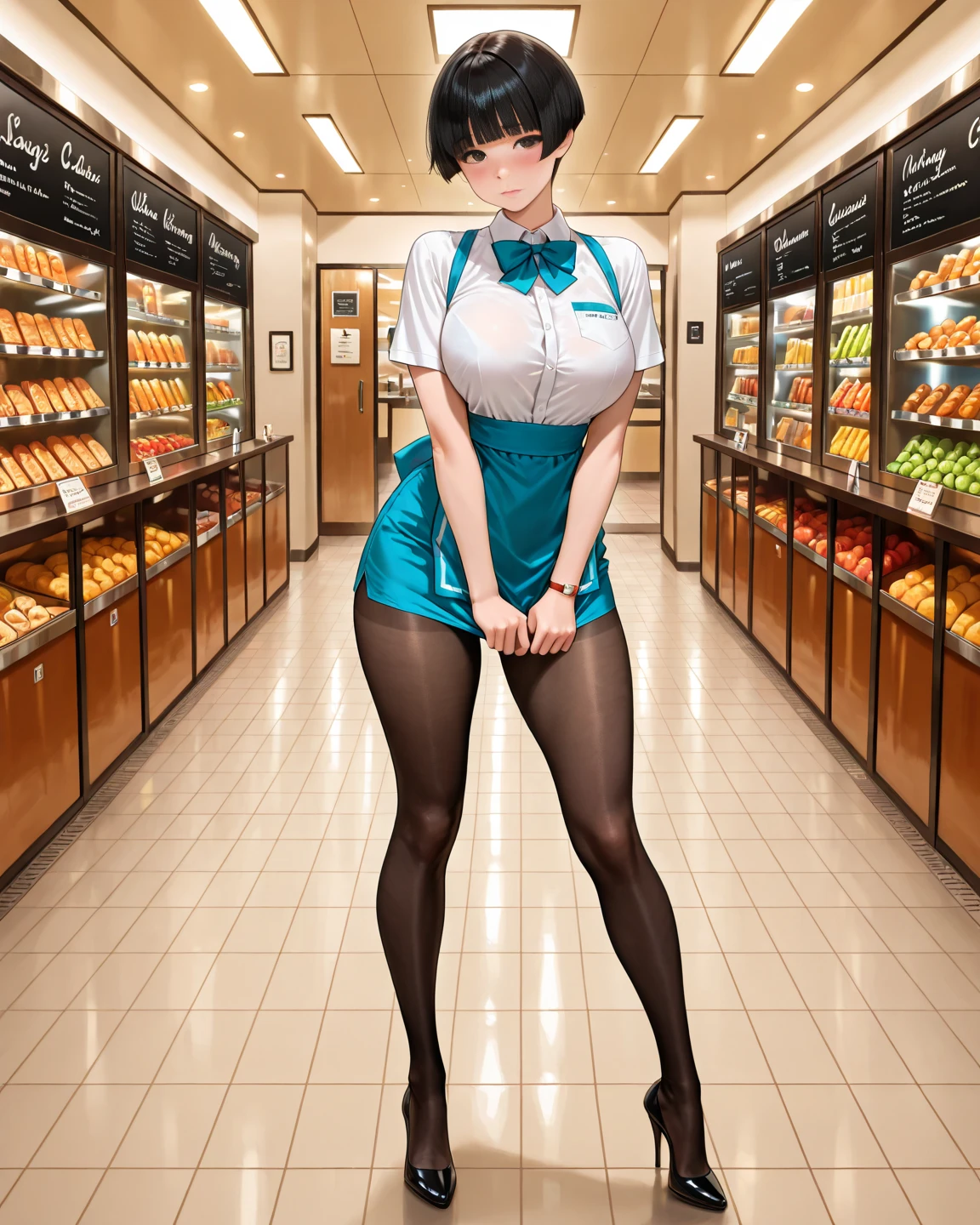 masterpiece、Mastepiece、Award-winning、Anime Girls、Random Hair、Perfect proportions、Recruitment Suit、Wear tight pants、Full Body Shot、The background is a convenience store
