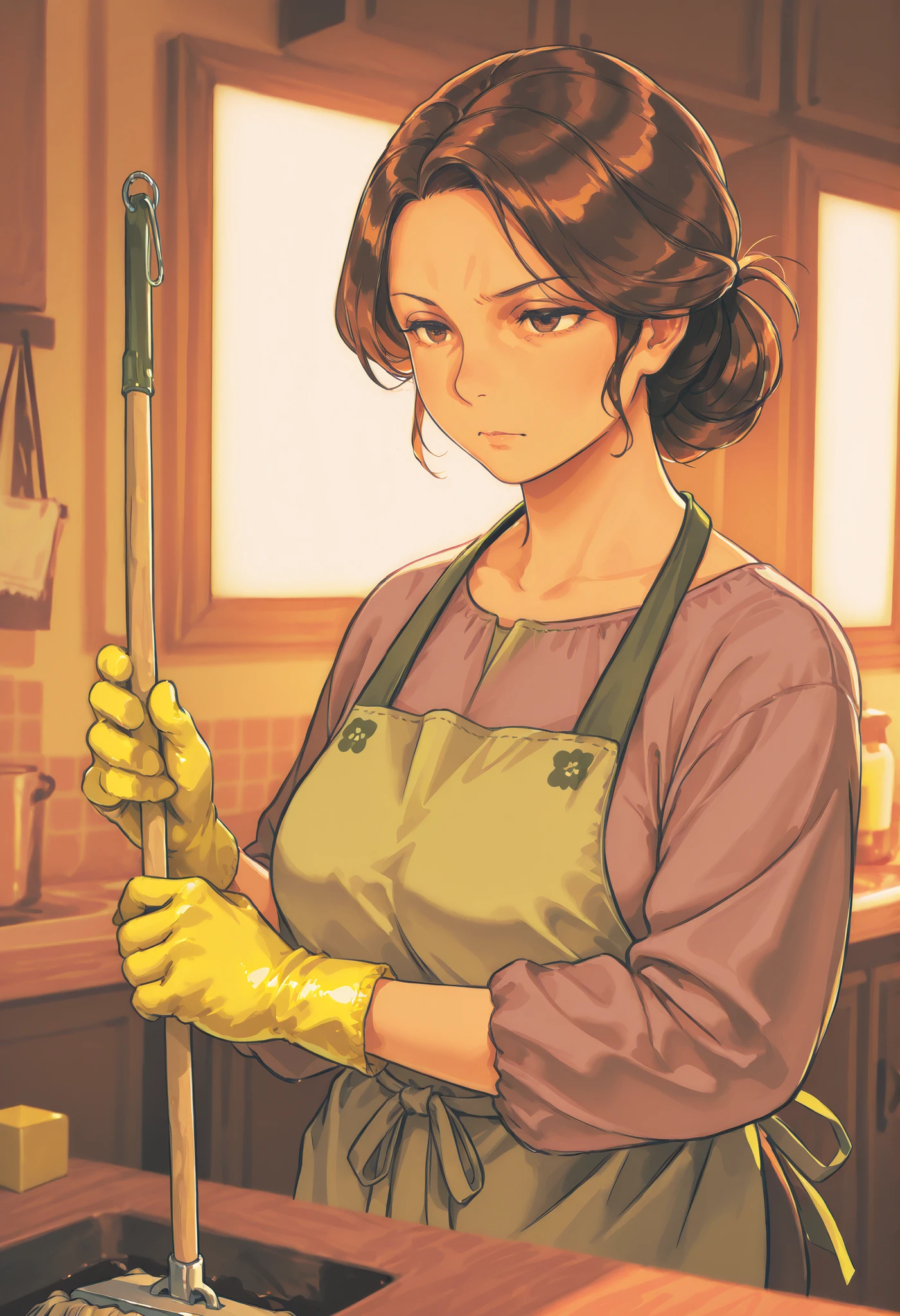 mature woman, cleaning, portrait, older woman, serious expression, straight posture, household activity, housewife, housework, apron, rubber gloves, Cube, Mop, warm environment, soft lighting, earthy tones, oil on canvas, muted color palette,  figurative art , realism, 4k, ultra detailed, mastery